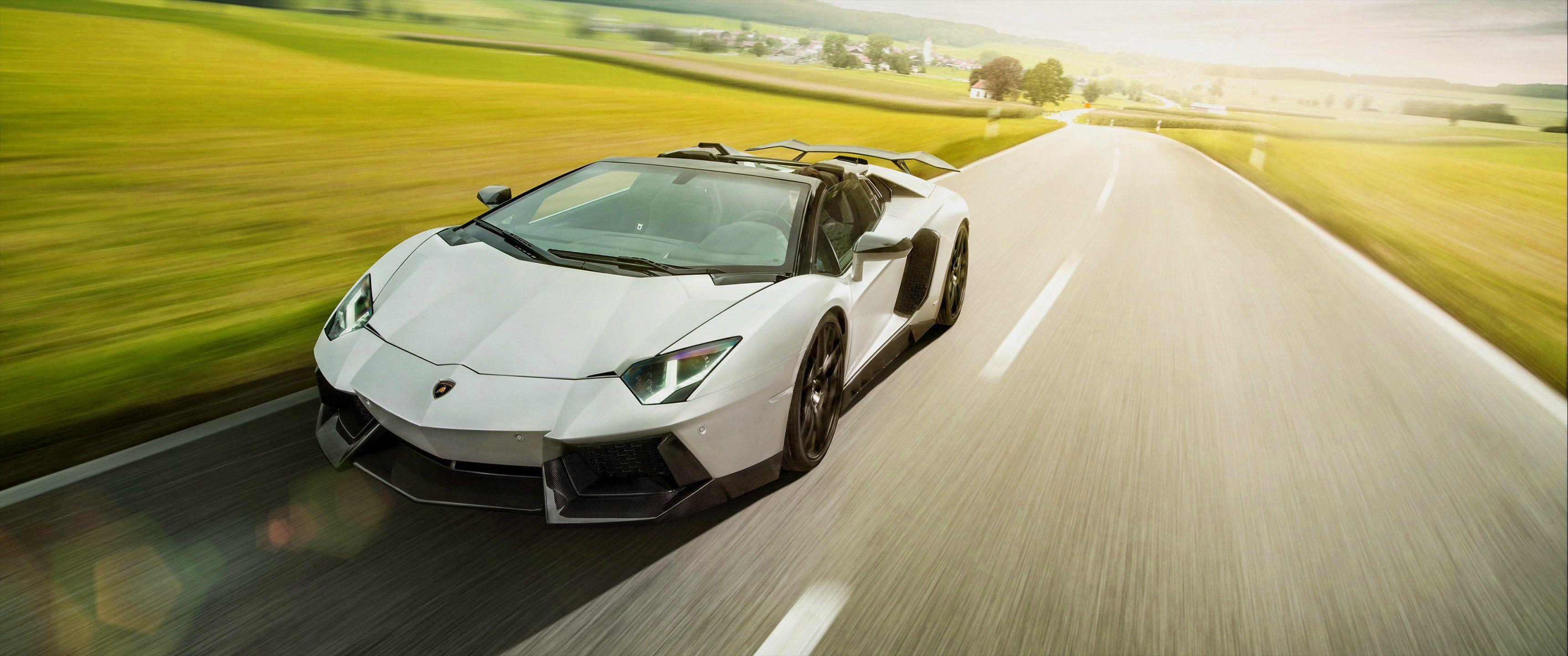 3440x1440 White Lamborghini Aventador on the road wallpaper