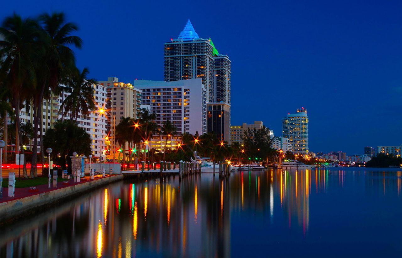 1280x822 Wallpaper Miami USA Coast Rivers night time Houses Cities