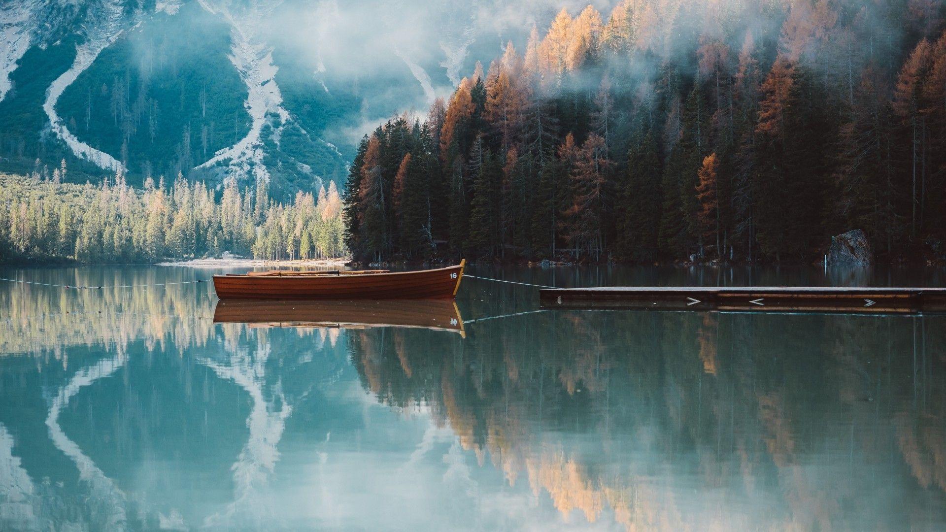 1920x1080 Download 1920x1080 Mountain, Lake, Boat, Reflection, Scenic, Relaxing, Mood, Trees Wallpaper for Widescreen