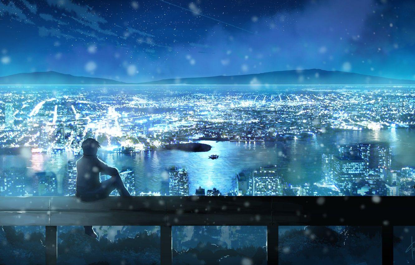 1332x850 Wallpaper the sky, stars, clouds, landscape, night, the city, lights, anime, art, guy, dias mardianto, donsaid image for desktop, section сёнэн