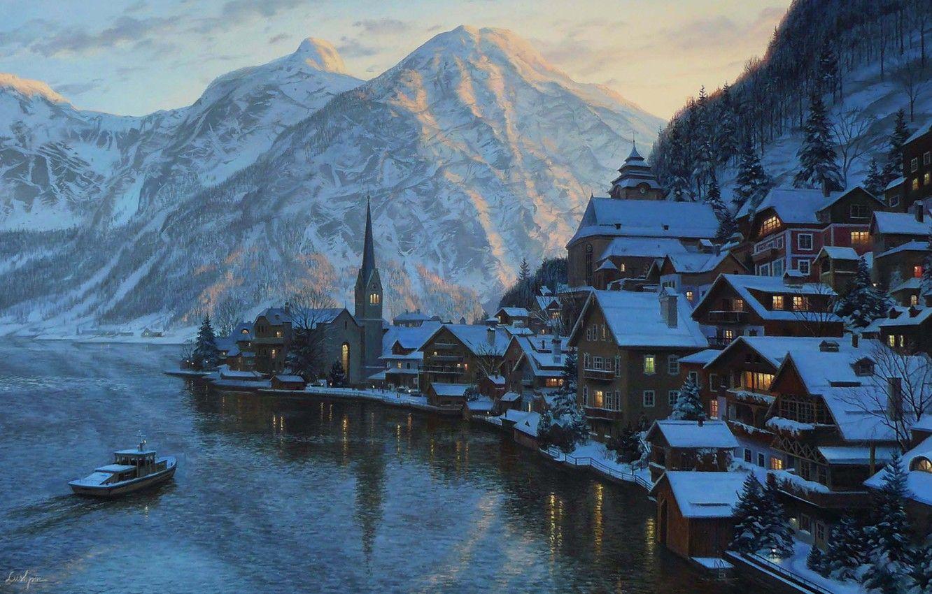 1332x850 Wallpaper winter, snow, landscape, sunset, mountains, lake, mountain, home, the evening, Austria, ate, Alps, boat, painting, chapel, sunset image for desktop, section живопись