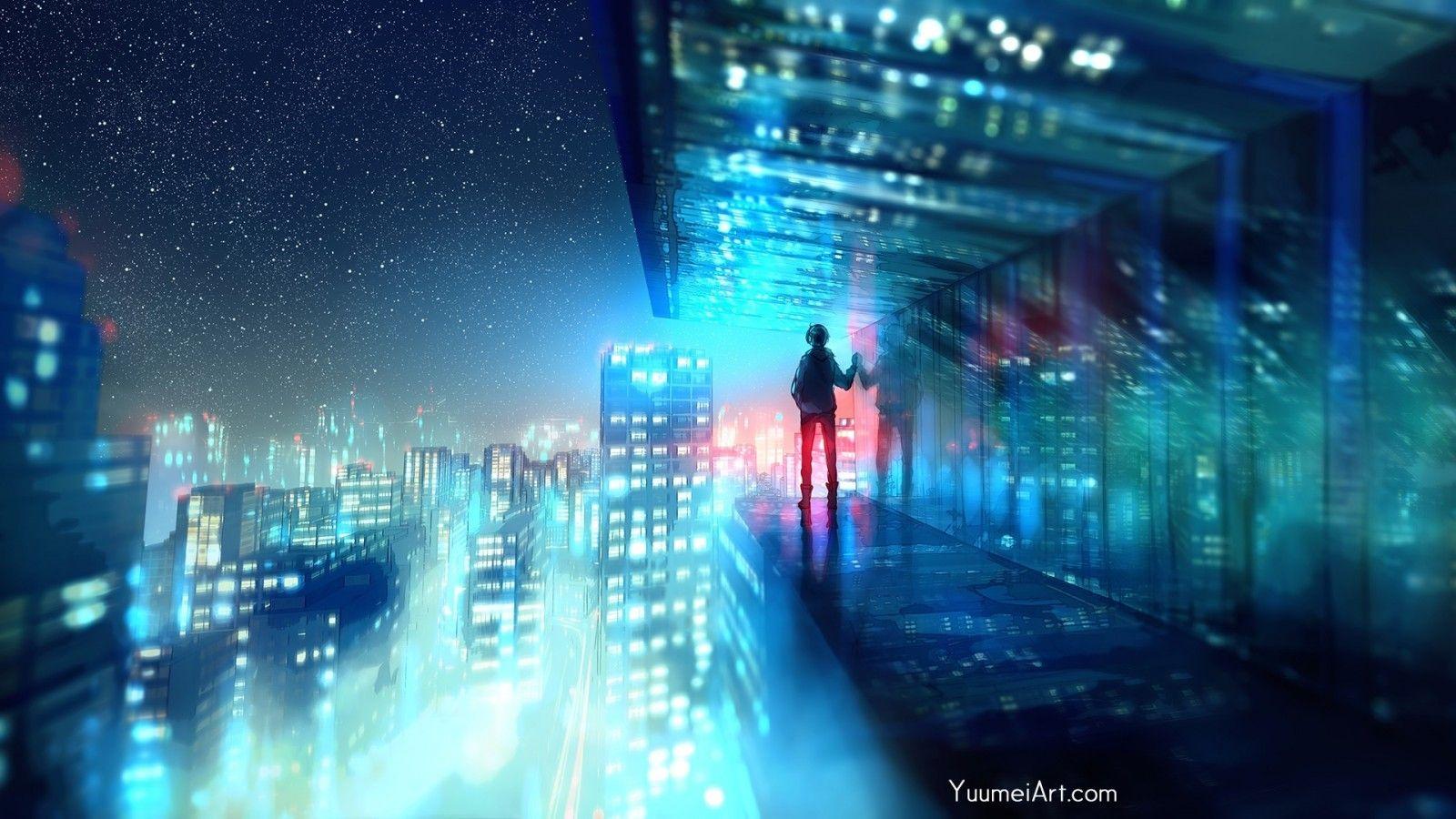 1600x900 Anime City, Night, Buildings, Cityscape, Boy