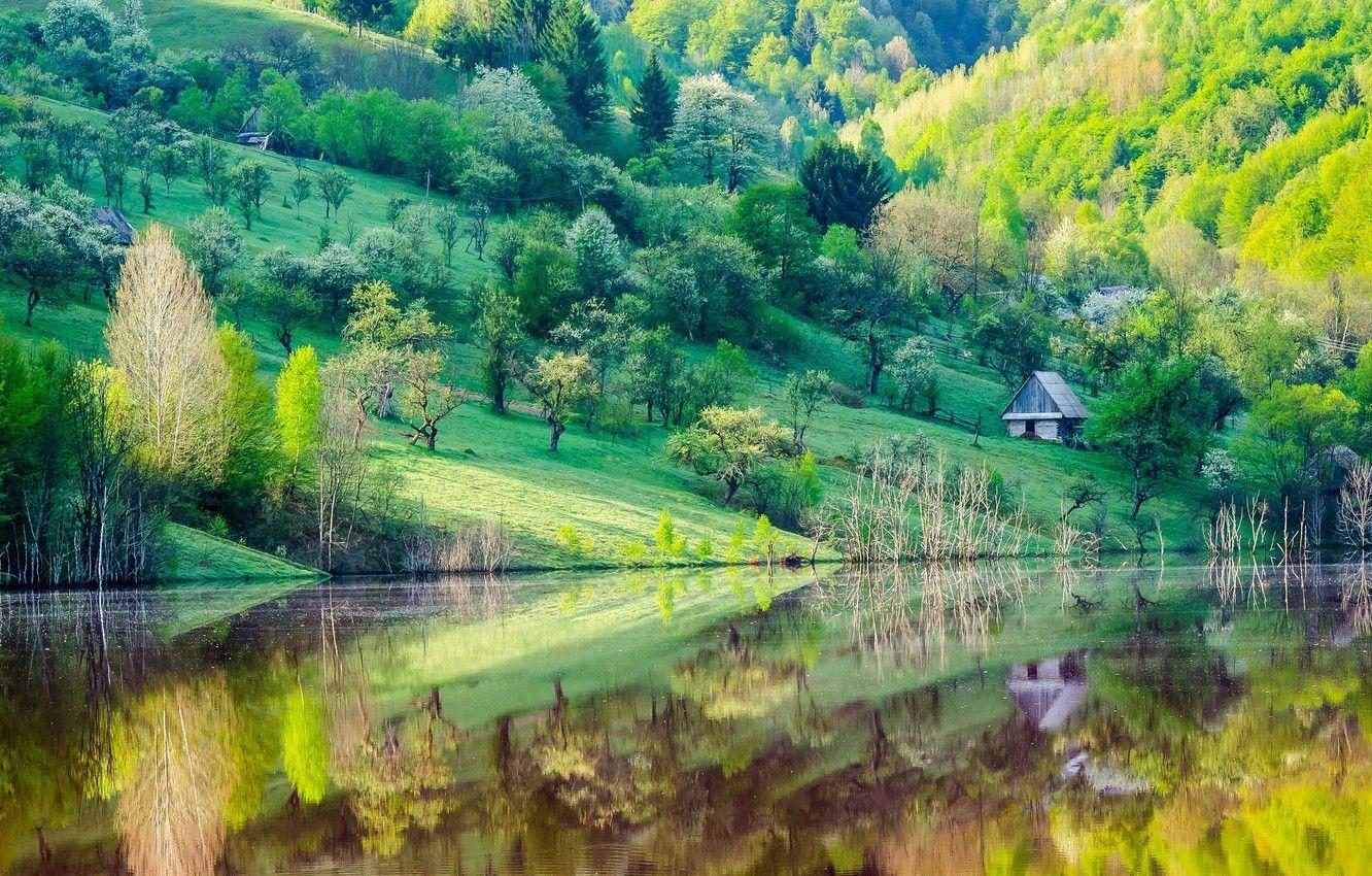 1332x850 Wallpaper trees, lake, reflection, mountain, home, spring, slope image for desktop, section пейзажи