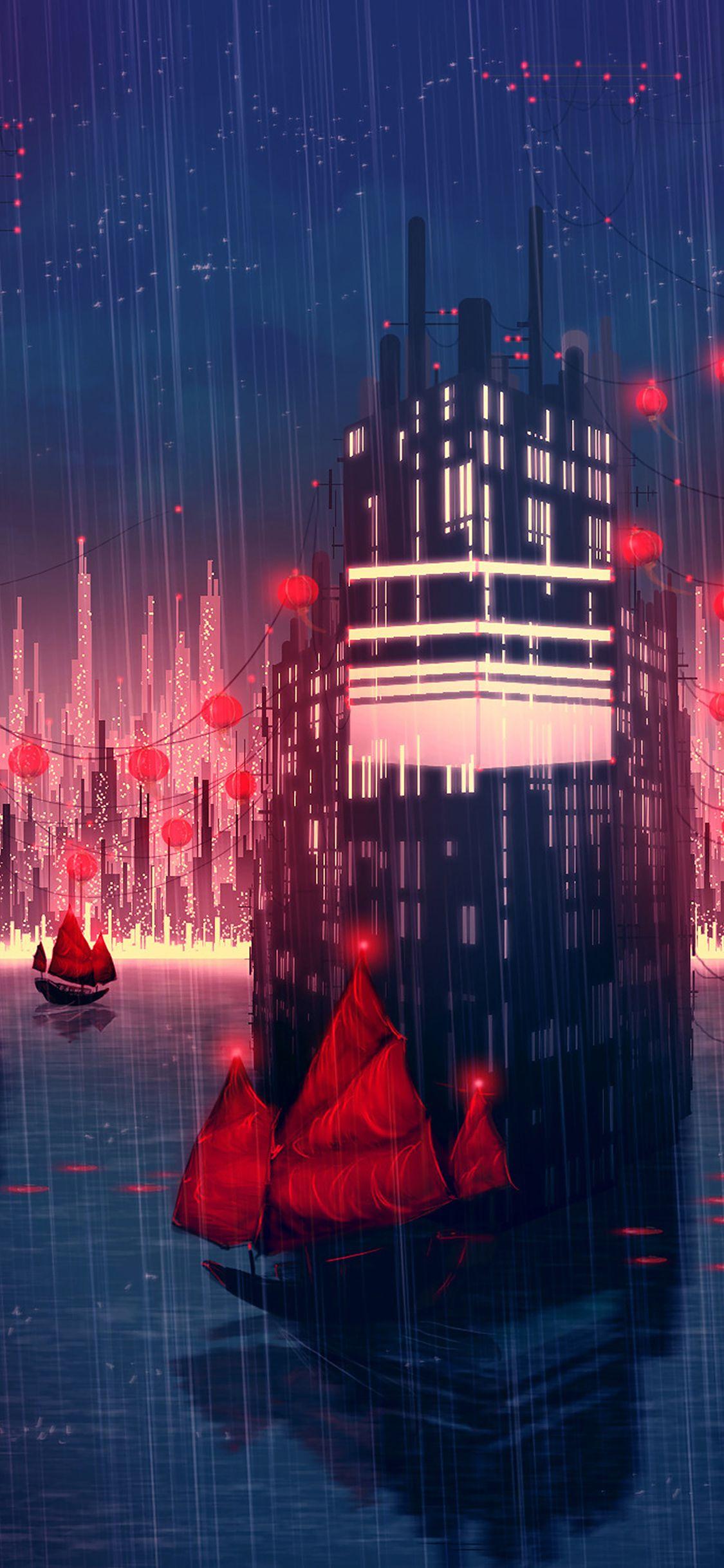 1125x2436 Rainy Anime City Art Illust Wallpaper