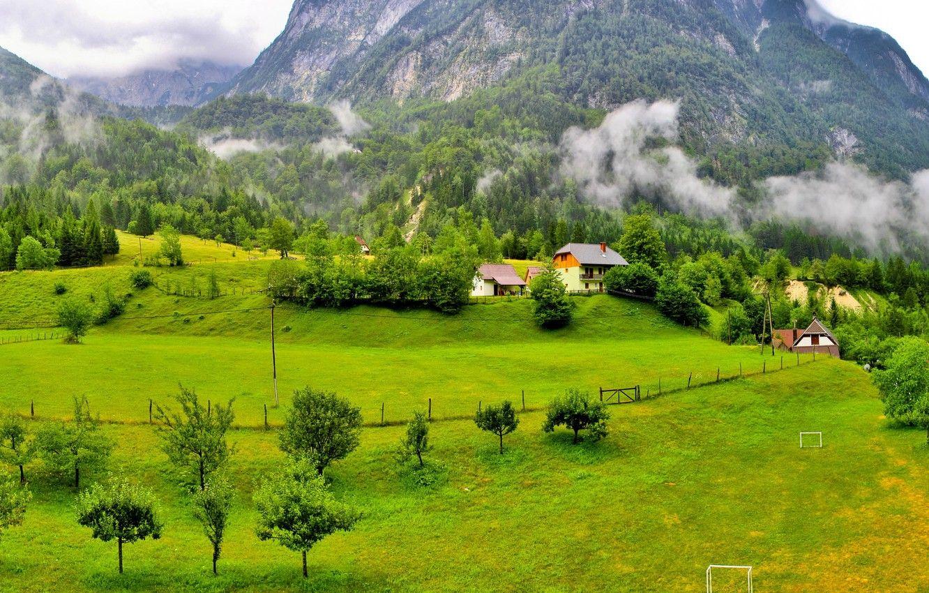 1332x850 Wallpaper forest, grass, clouds, trees, mountains, home, Slovenia, Slovenia, Poliana. image for desktop, section природа