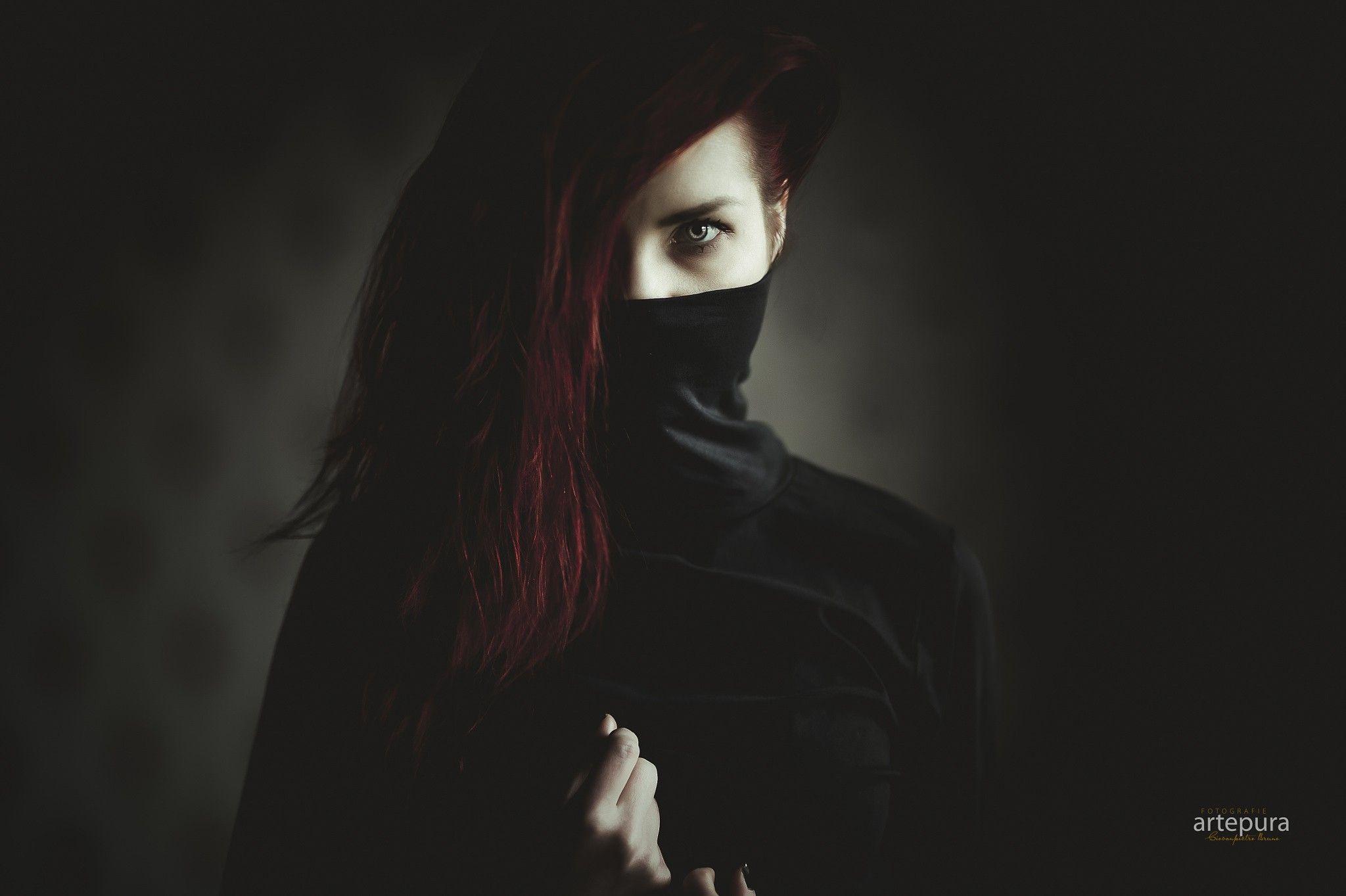 2048x1363 #redhead, #portrait, #mask, #black nails, #hazel eyes, #Ninja, # women, #black clothing, wallpaper