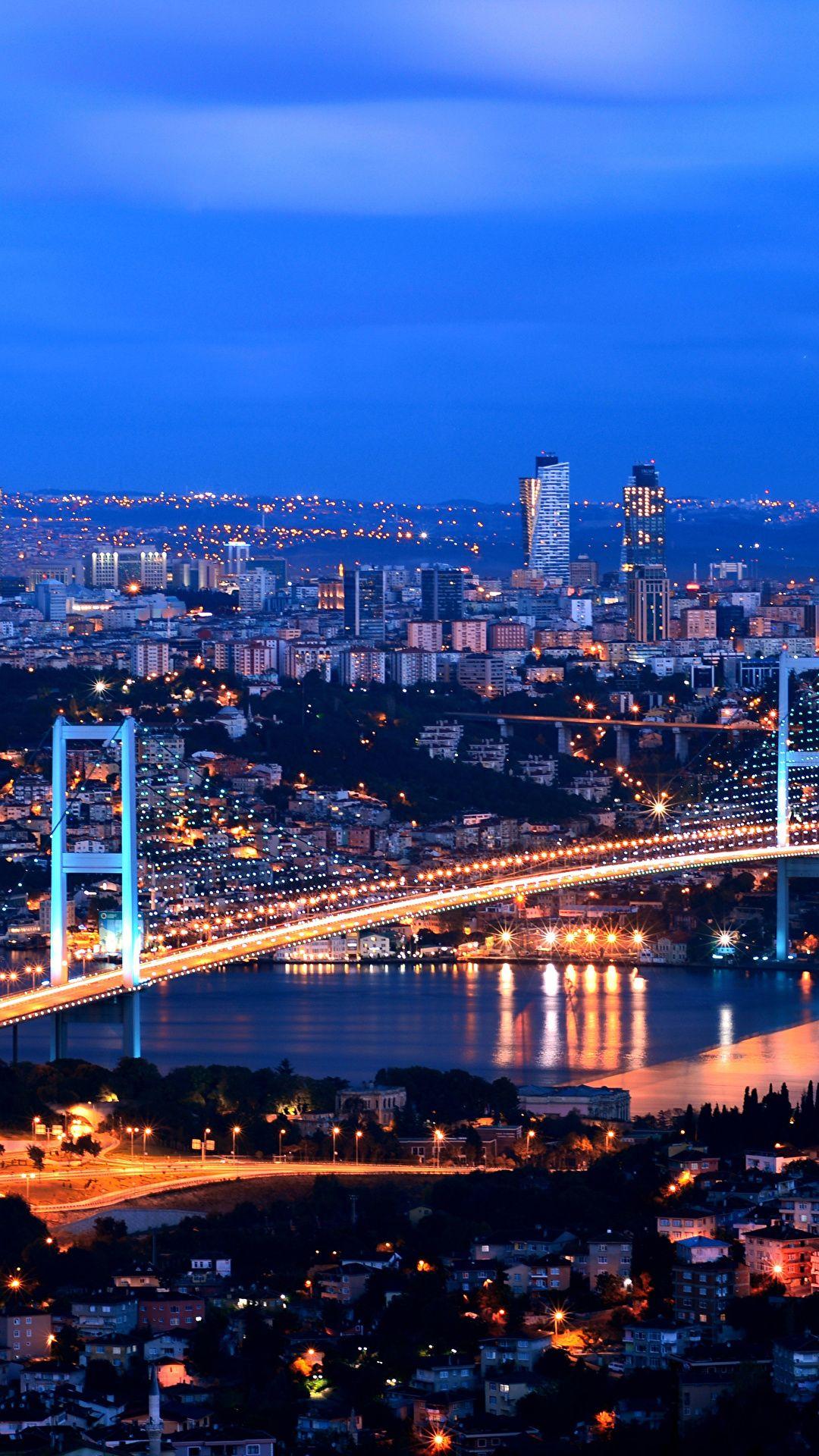 1080x1920 Photo Istanbul Turkey Megapolis bridge night time Houses 1080x1920