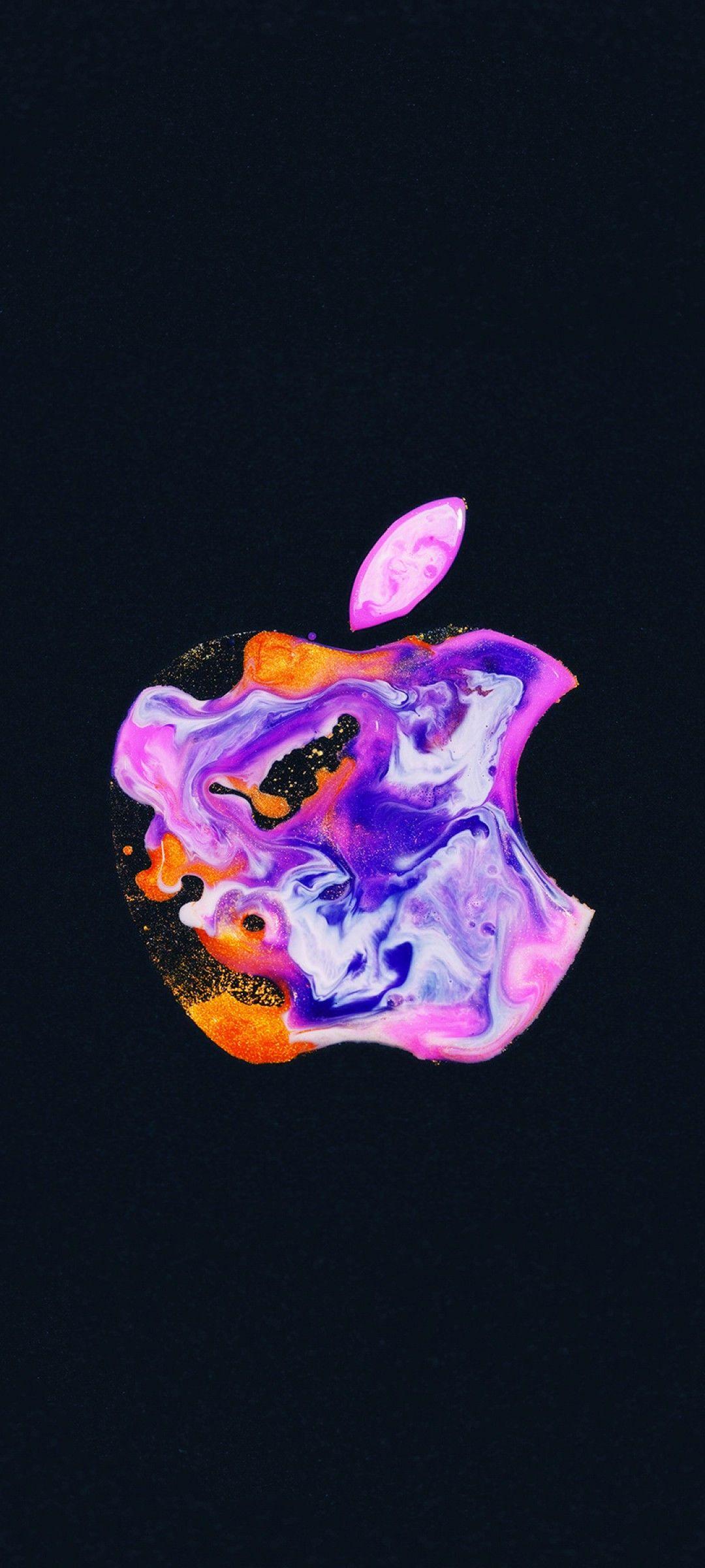 1080x2400 Apple logo 4K Wallpaper, iPhone Liquid art, Black background, Technology