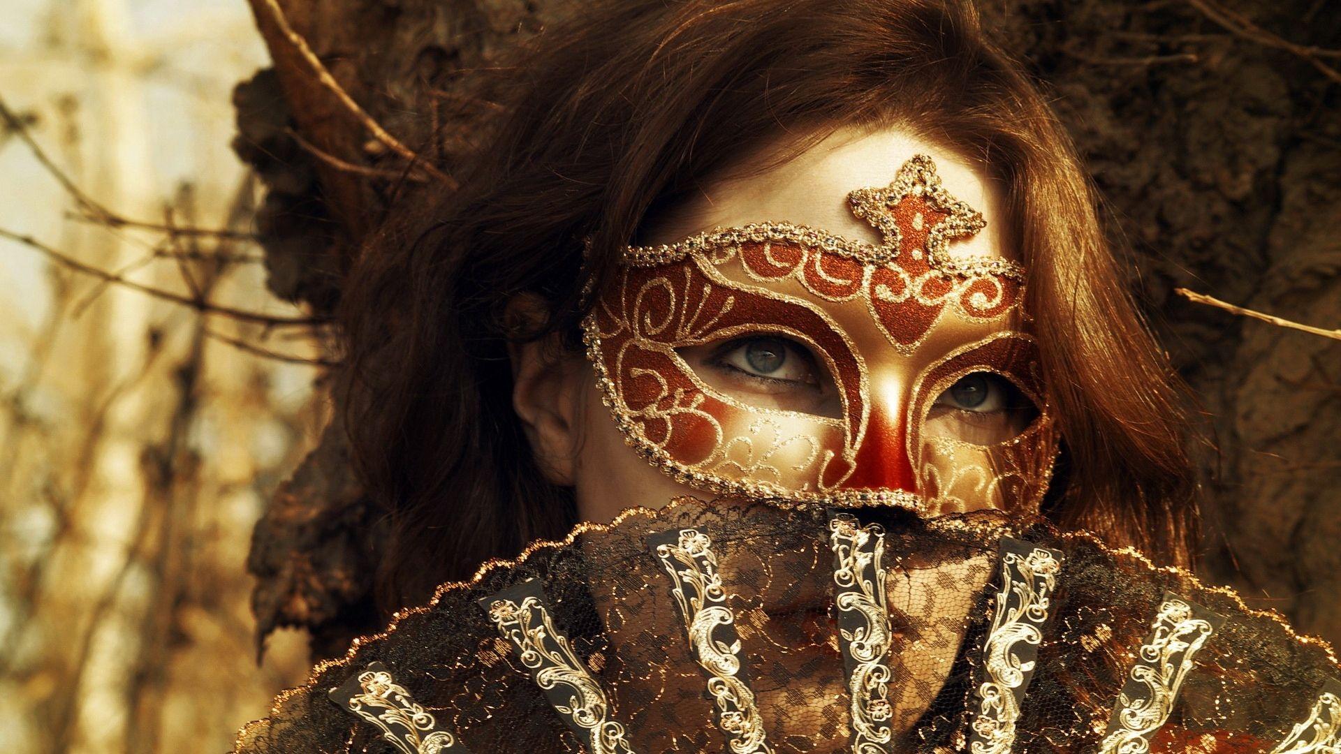 1920x1080 Download Wallpaper 1920x1080 redhead, mask, masquerade, eyes Full HD 1080p HD Background