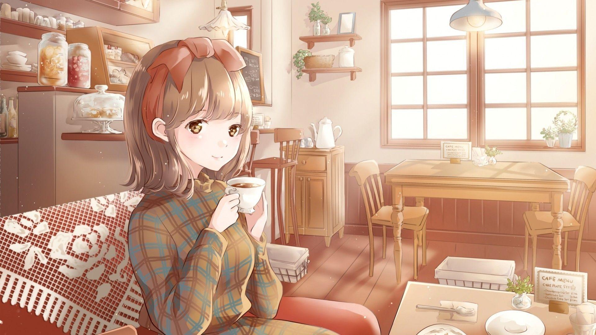 1920x1080 Anime HD Girl Coffee Shop Wallpaper