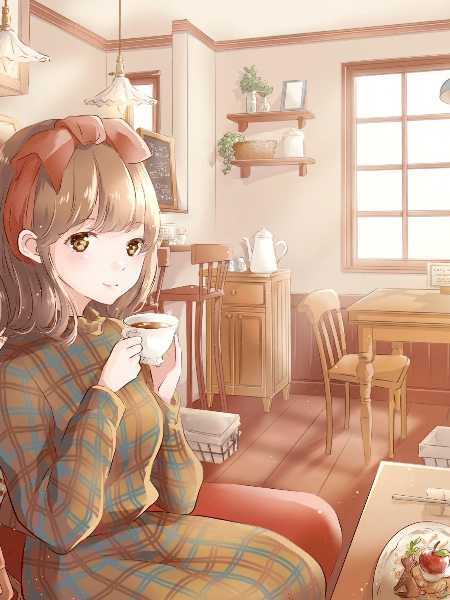 1536x2048 Download 1536x2048 Anime Girl, Cozy Coffee Shop, Drinks, Smiling, Food, Couch Wallpaper for Apple iPad Mini, Apple IPad 4