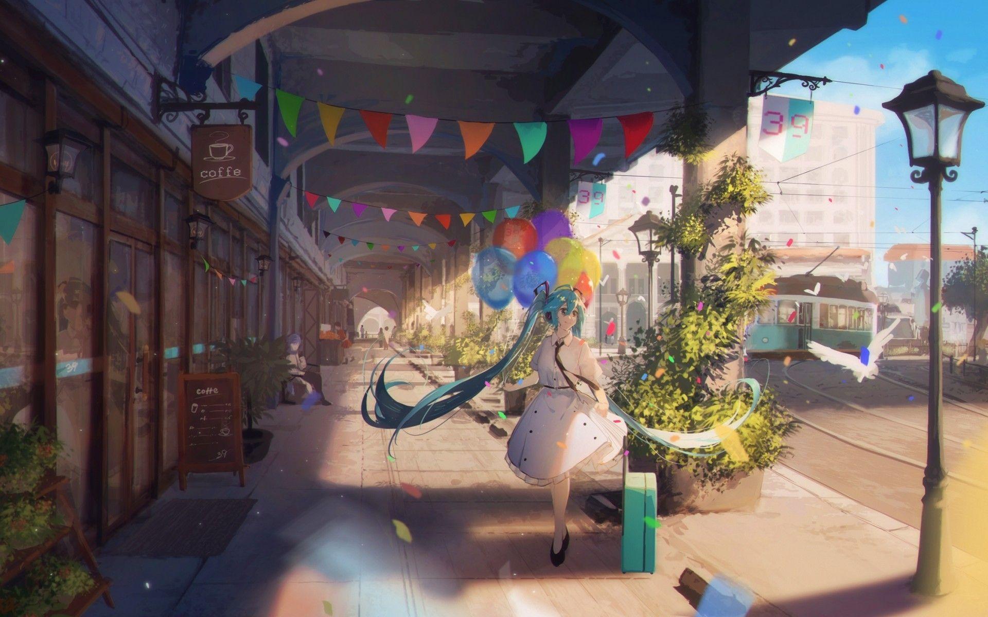1920x1200 Download 1920x1200 Vocaloid, Hatsune Miku, Walking, White Dress, Tram, Sunlight, Coffee Shop Wallpaper for MacBook Pro 17 inch