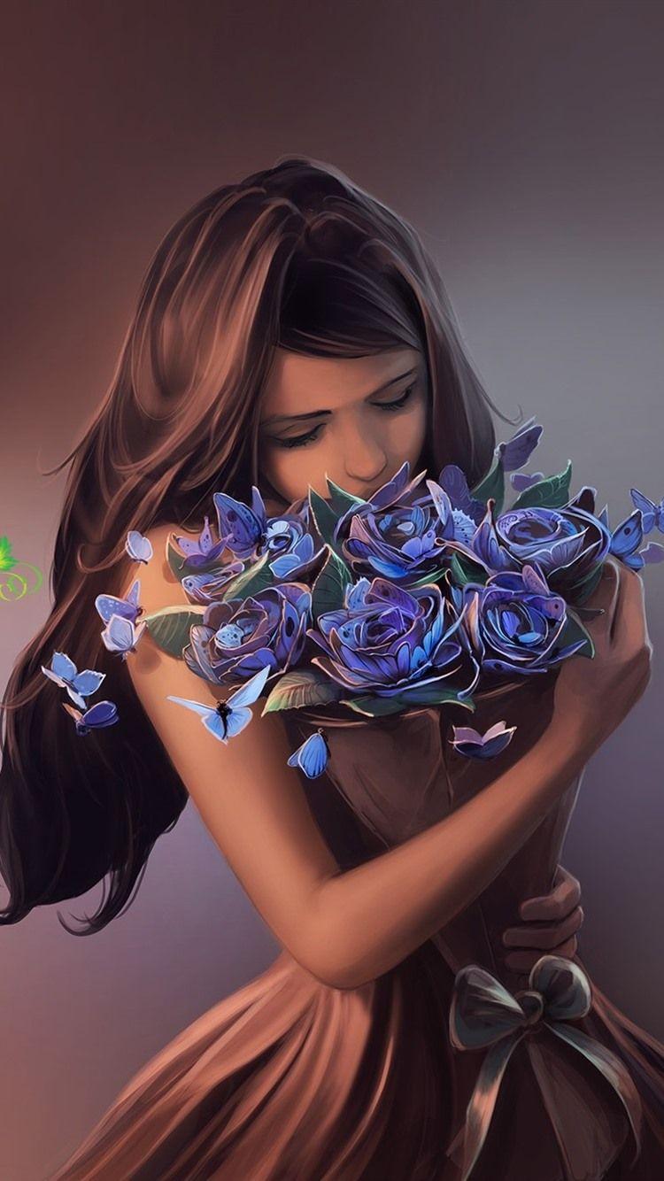 750x1334 Fantasy Girl, Brown Hair, Flowers, Butterfly 750x1334 IPhone 8 7 6 6S Wallpaper, Background, Picture, Image
