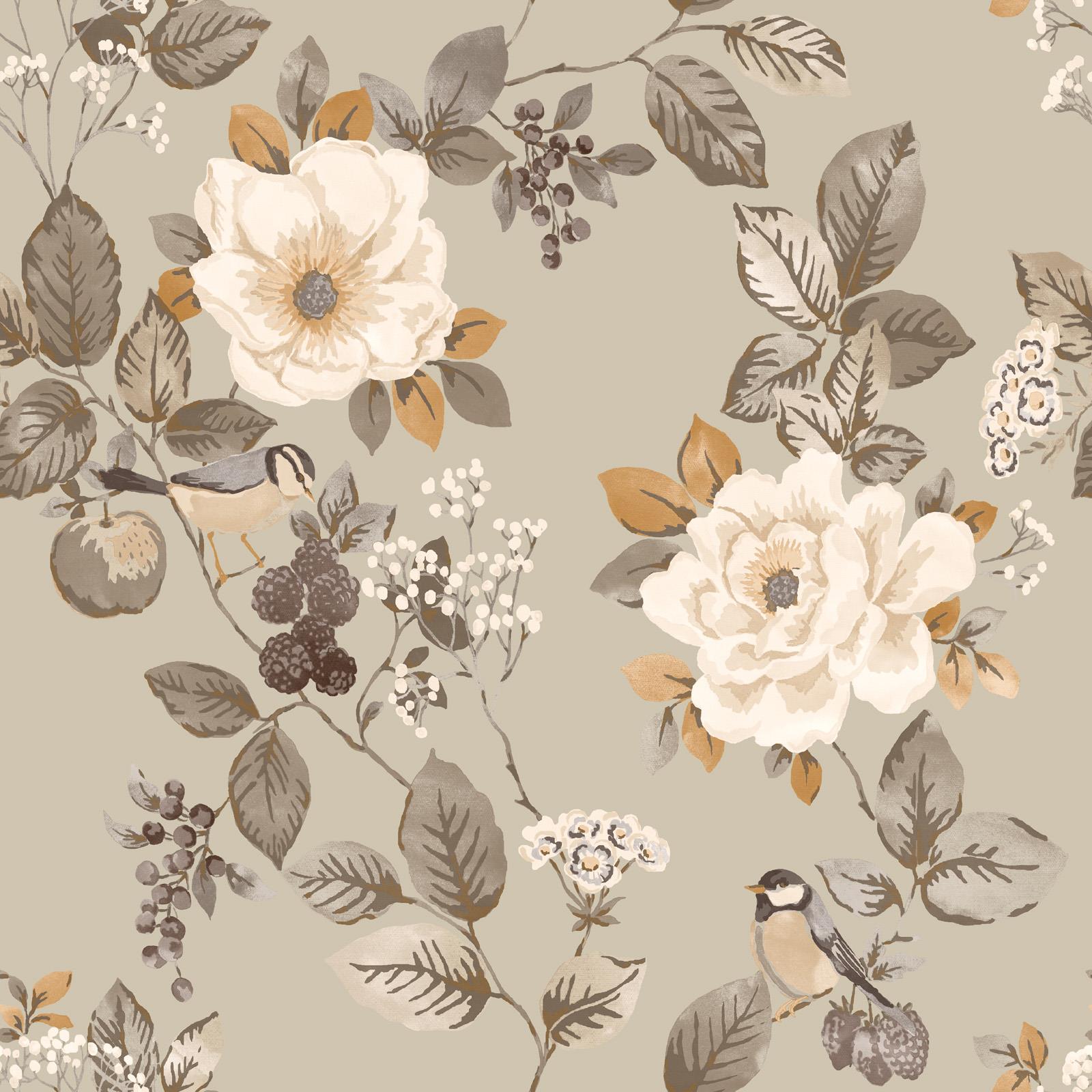1600x1600 Belgravia Bramble Floral Beige Wallpaper Birds Leaves Flowers Feature Wall