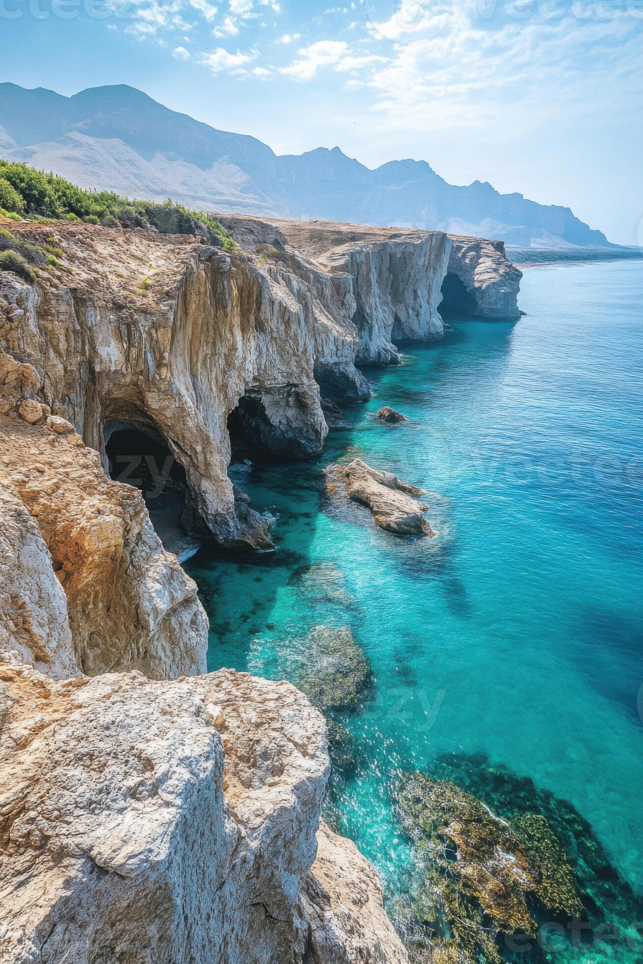 1307x1960 Rocky cliffside meets the clear blue sea. Ocean water view from above. Cliffs with caves and mountains in background. Beautiful natural scene