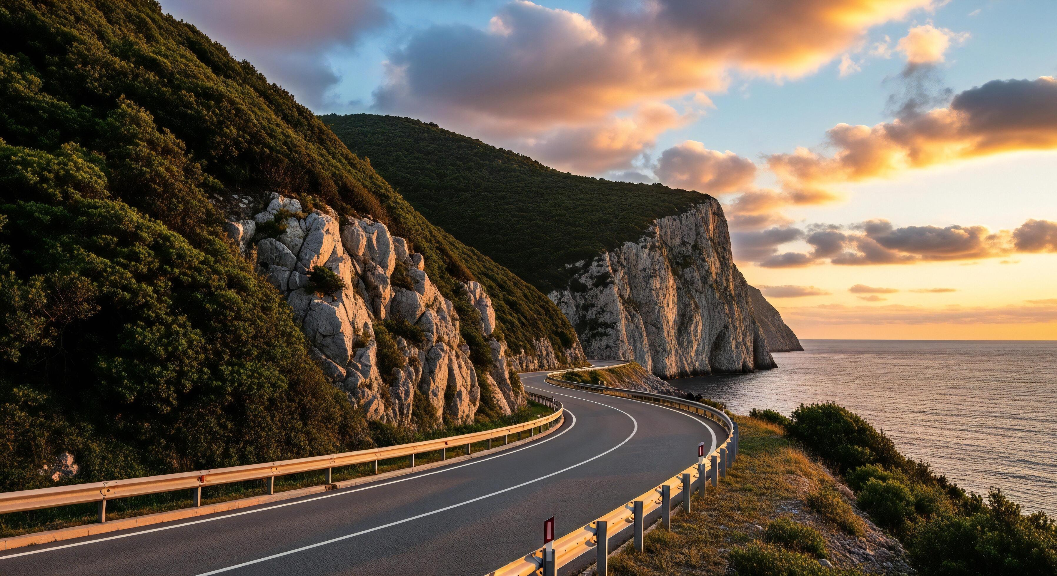3593x1960 Nature background, Nature wallpaper, Winding coastal road overlooking a rocky cliffside and the calm ocean at sunset