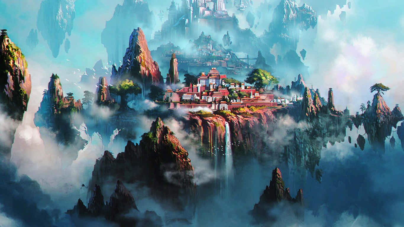 1366x768 Download Mystical Cliffside Cityscape Wallpaper