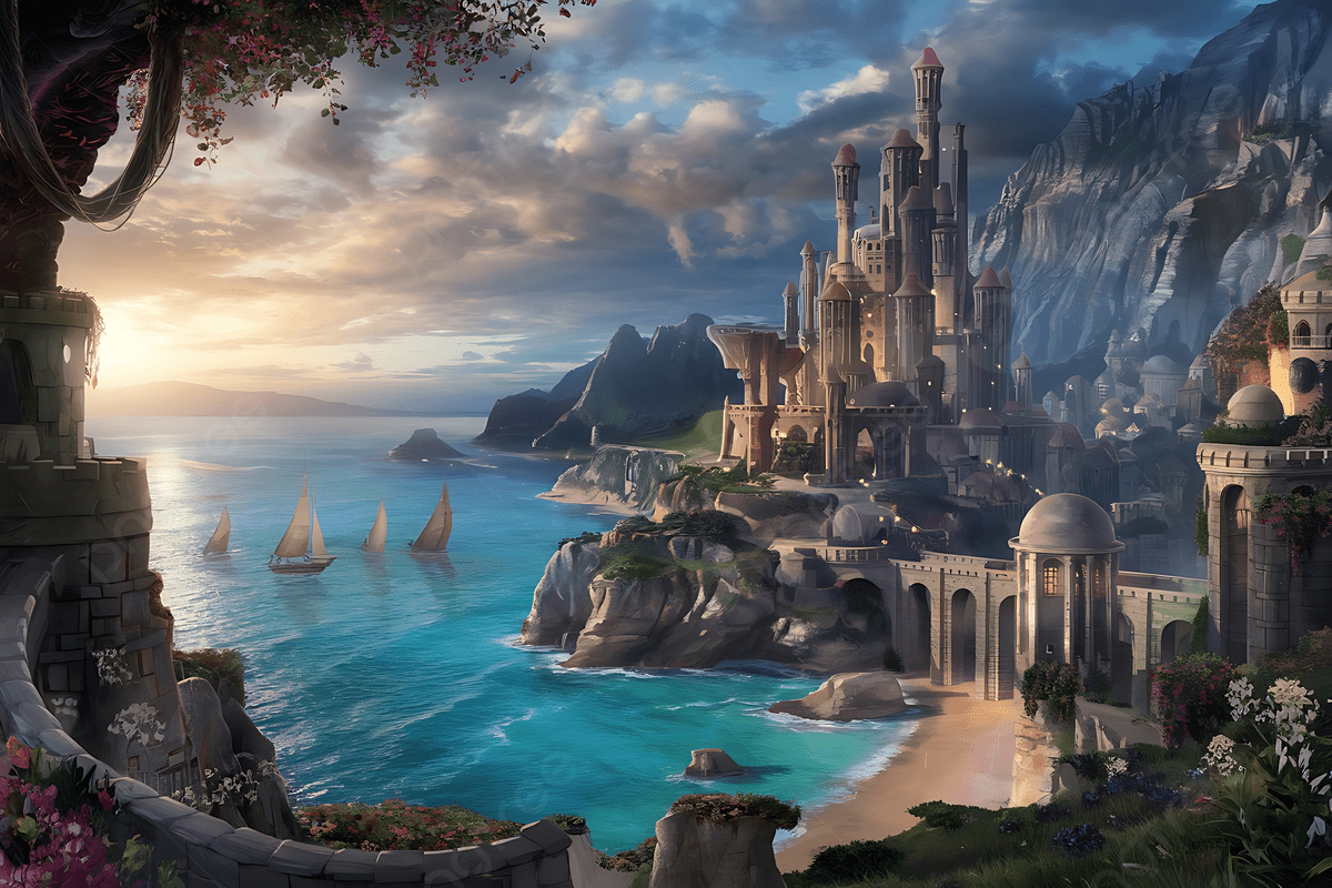 1200x800 Golden Sunset Over A Magical Cliffside Kingdom, Fantasy Coastal Kingdom, Mediterranean Castle, Dreamlike Scenery Background Image And Wallpaper for Free Download