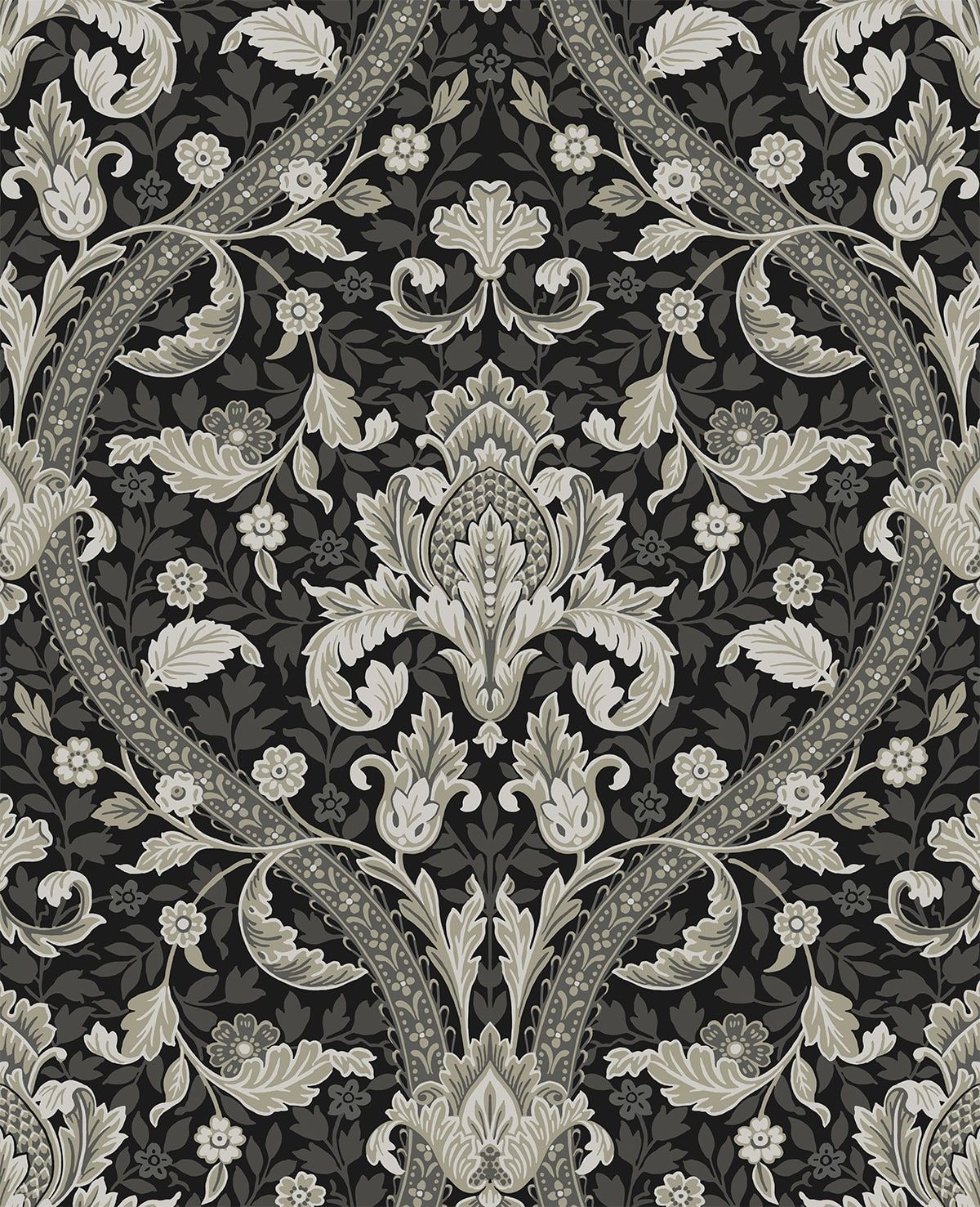 1200x1477 Acanthus Ogee Peel and Stick Ebony and Cliffside NW59000 Wallpaper