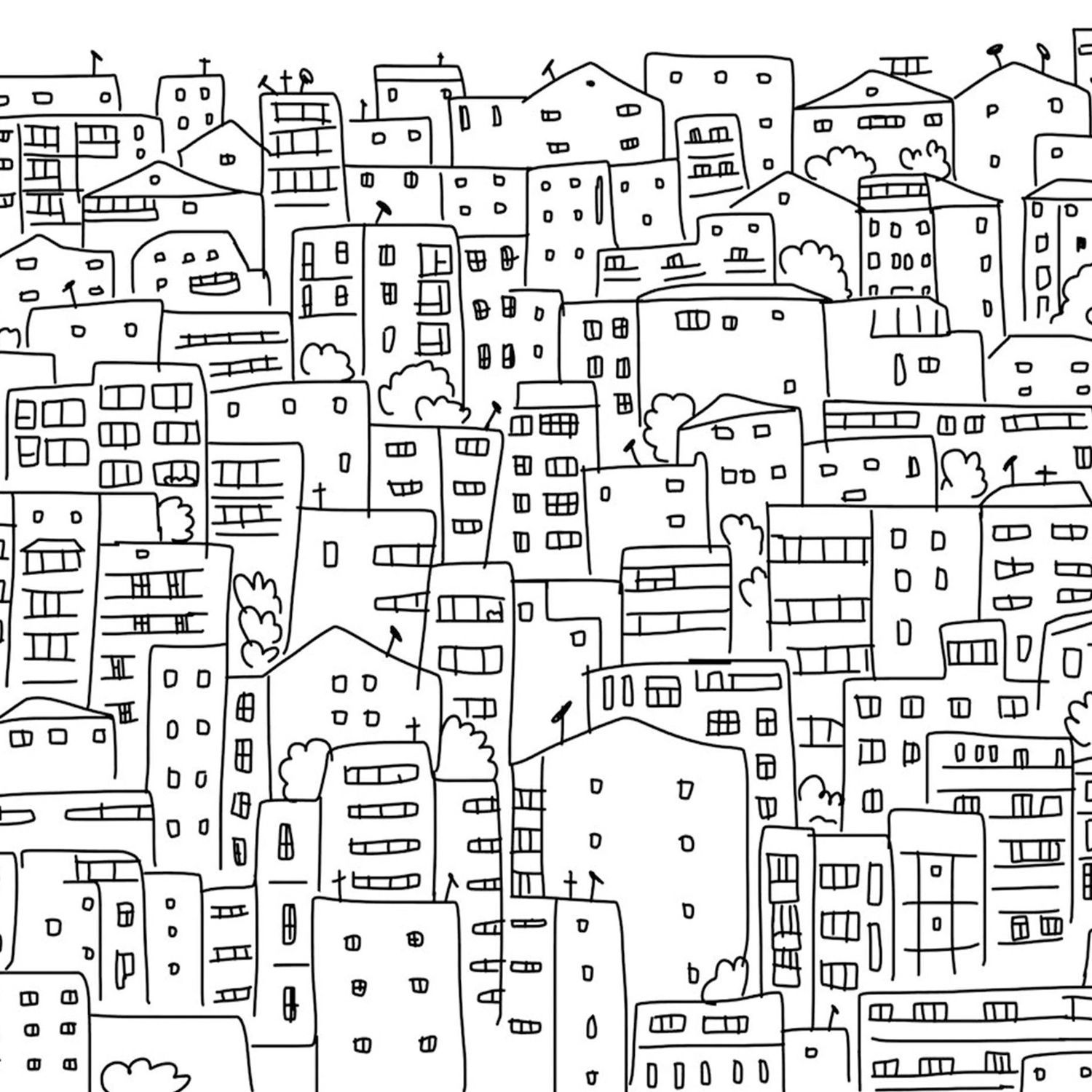 1500x1500 Black and White City Sketch Wallpaper Mural