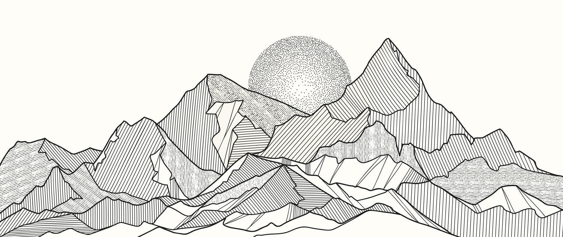 1920x810 Mountain Hand drawn background. Minimal landscape art with line art and moon spot texture. Abstract art wallpaper illustration for prints, Decoration, interior decor, wall arts, canvas prints