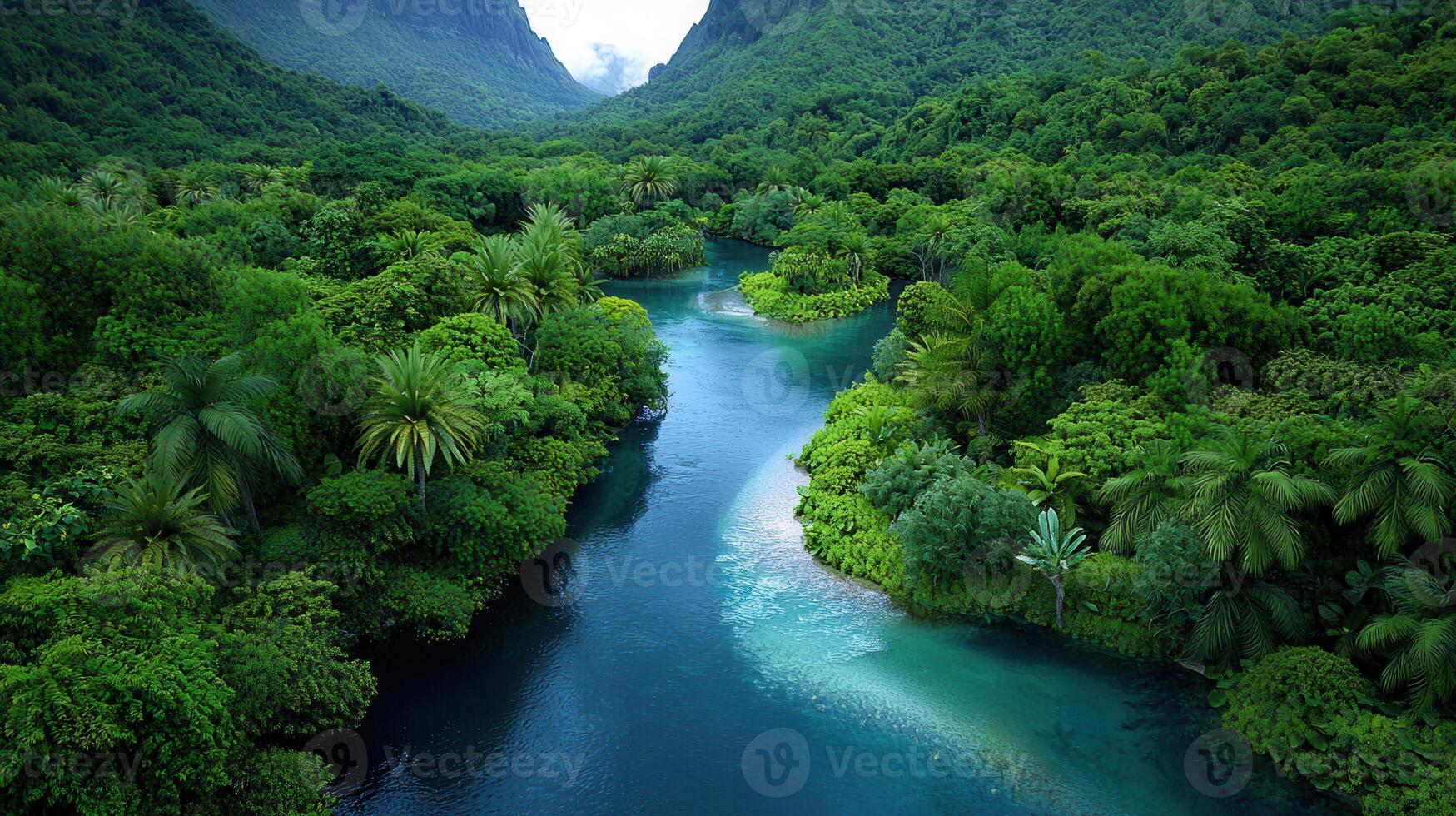 1749x980 Serene Aerial View of Lush Tropical River Winding Through Vibrant Green Jungle Landscape