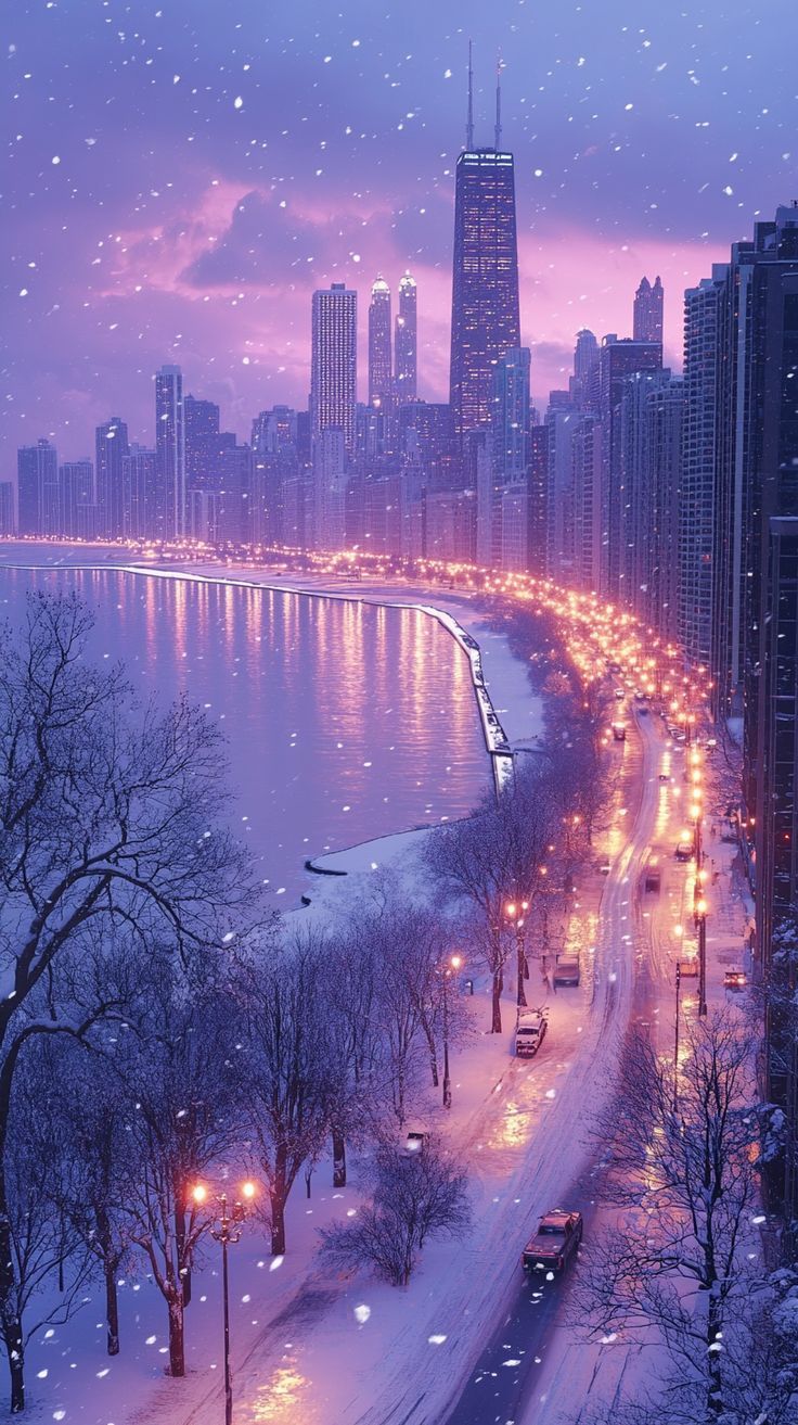 736x1313 Chicago Skyline: Vibrant Winter Sunrise Over Lake Michigan in 8K