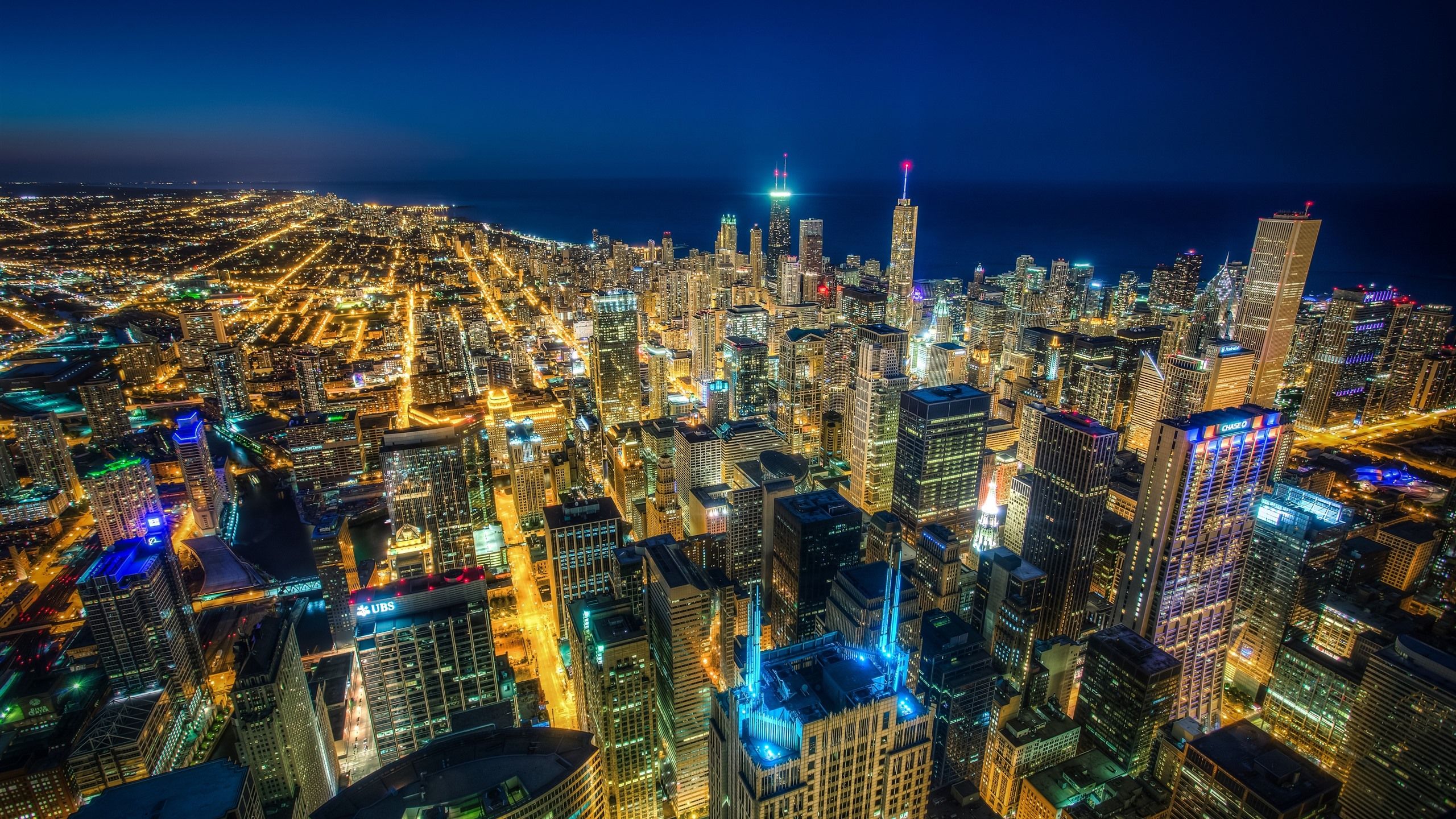 2560x1440 Wallpaper Chicago, city at night, top view, skyscrapers, lights, sea, USA 3840x2160 UHD 4K Picture, Image