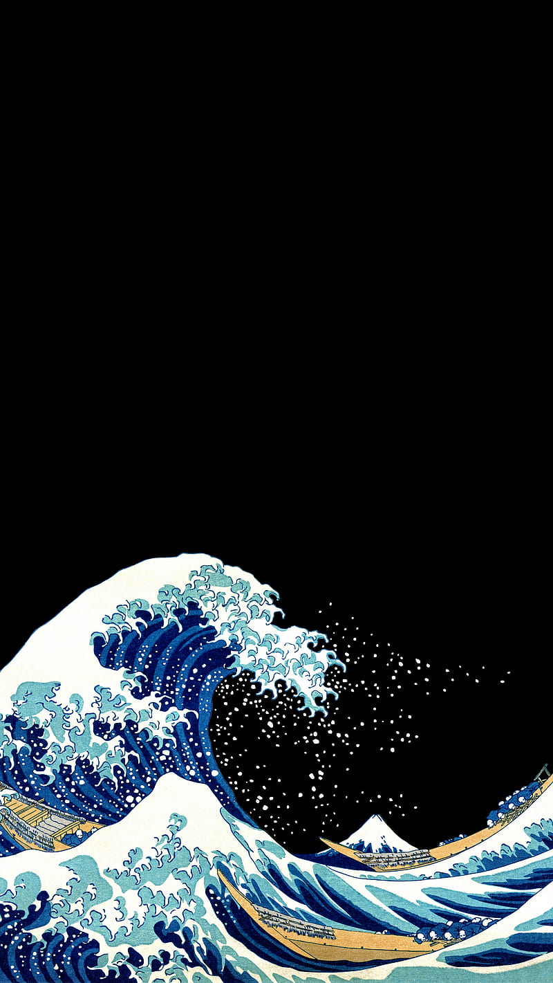 800x1421 Waves amoled, sea, waces, japan, art, amoled, black, blue, ocean, water, edo, HD phone wallpaper