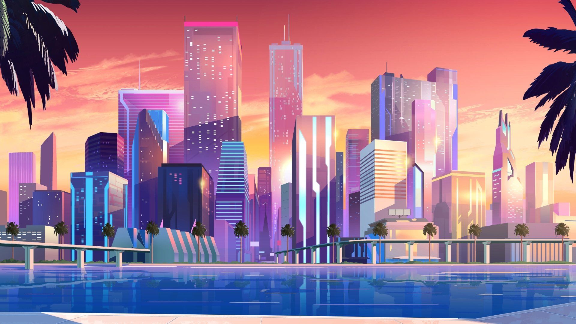 1920x1080 8K Ultra HD Artistic Skyline: Vibrant Skyscrapers of a Modern Cityscapex4320