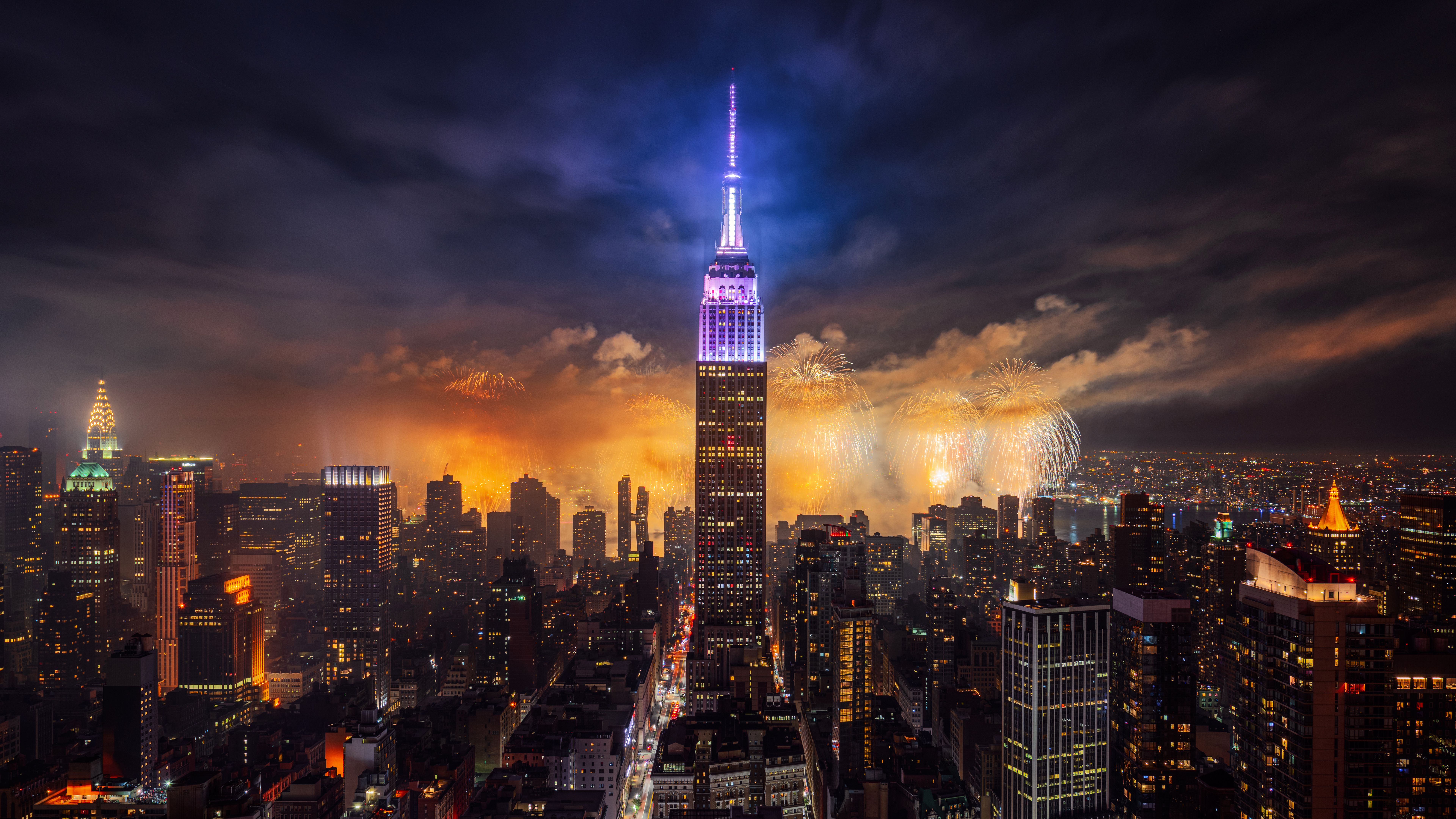 7680x4320 Empire State Building Wallpaper 4K, Fireworks
