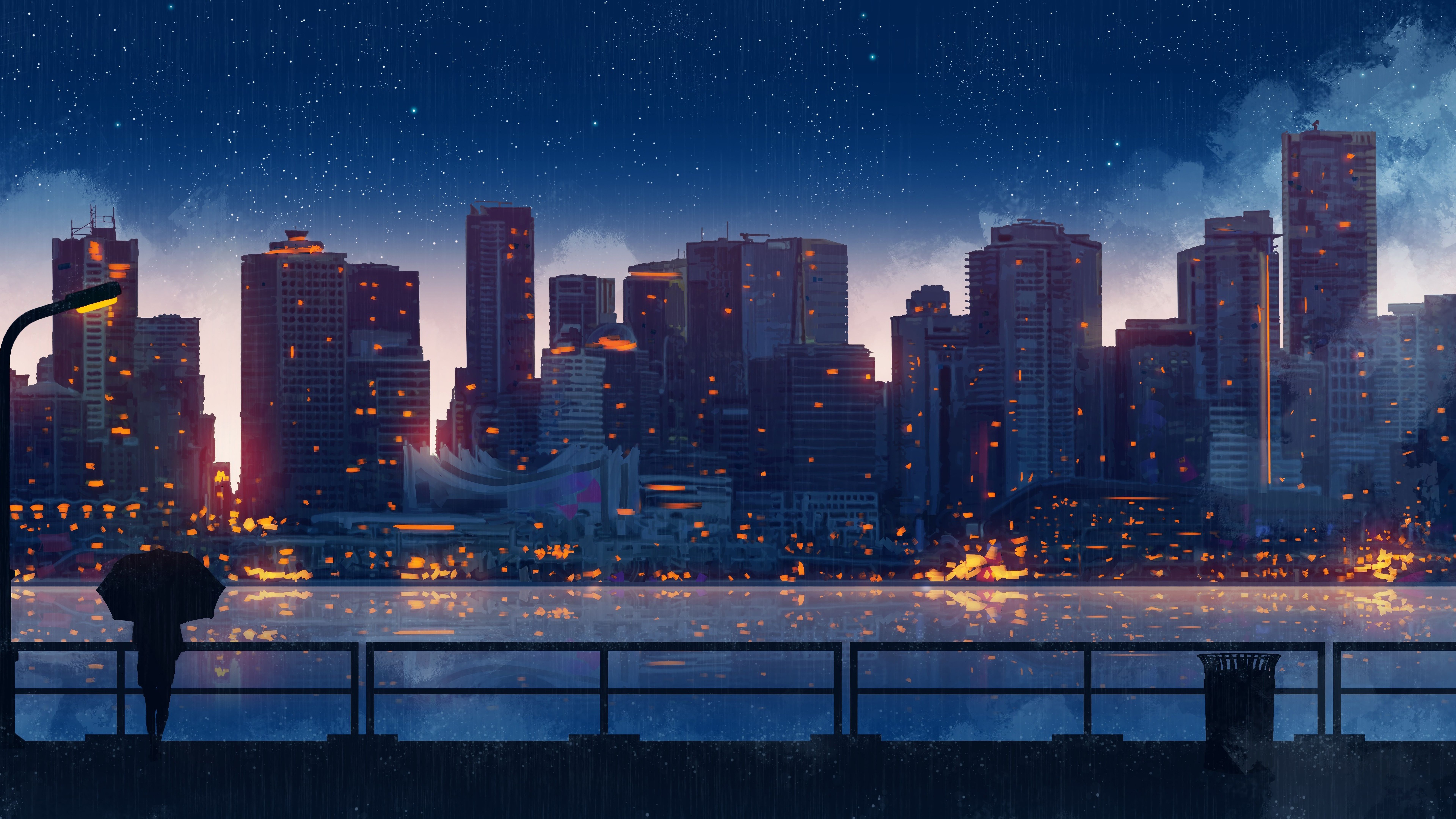 7680x4320 Anime Scenery City Buildings Silhouette 8K 4K Wallpaper HD