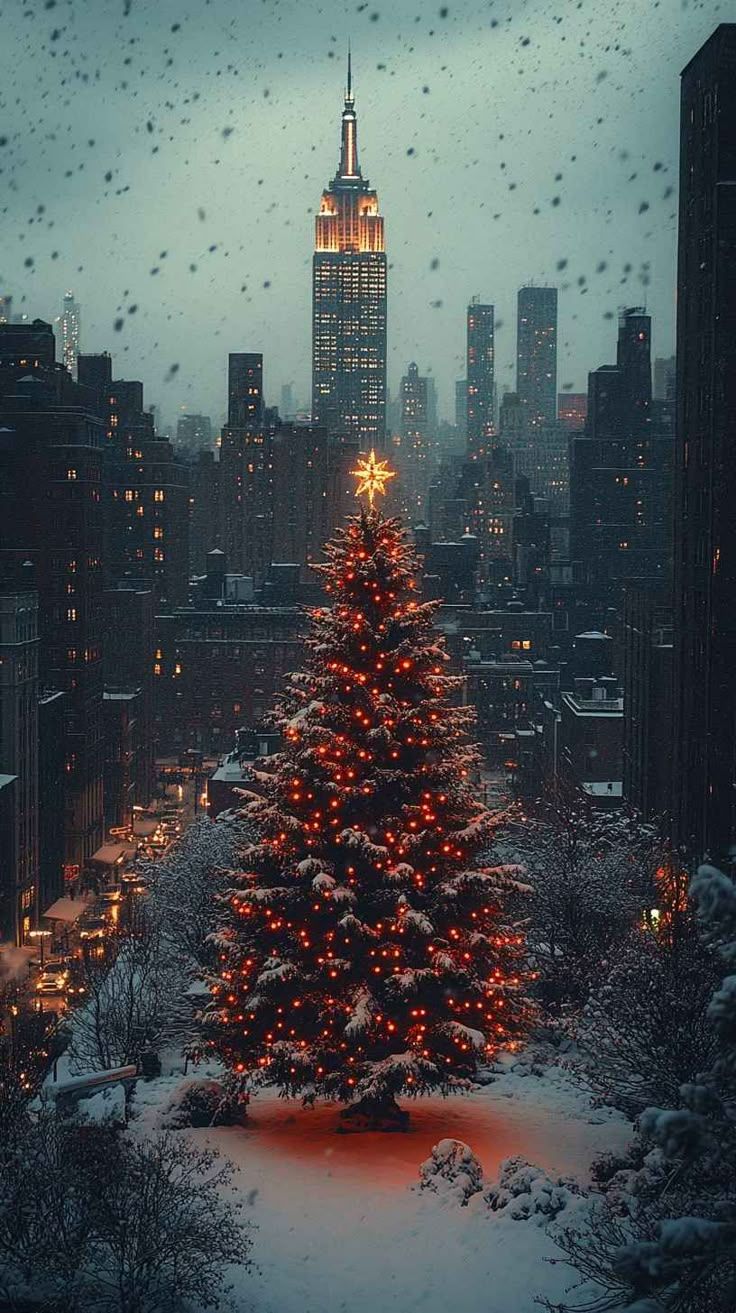 736x1313 8K Snowy NYC Christmas Tree &amp; Empire State Building Wallpaper