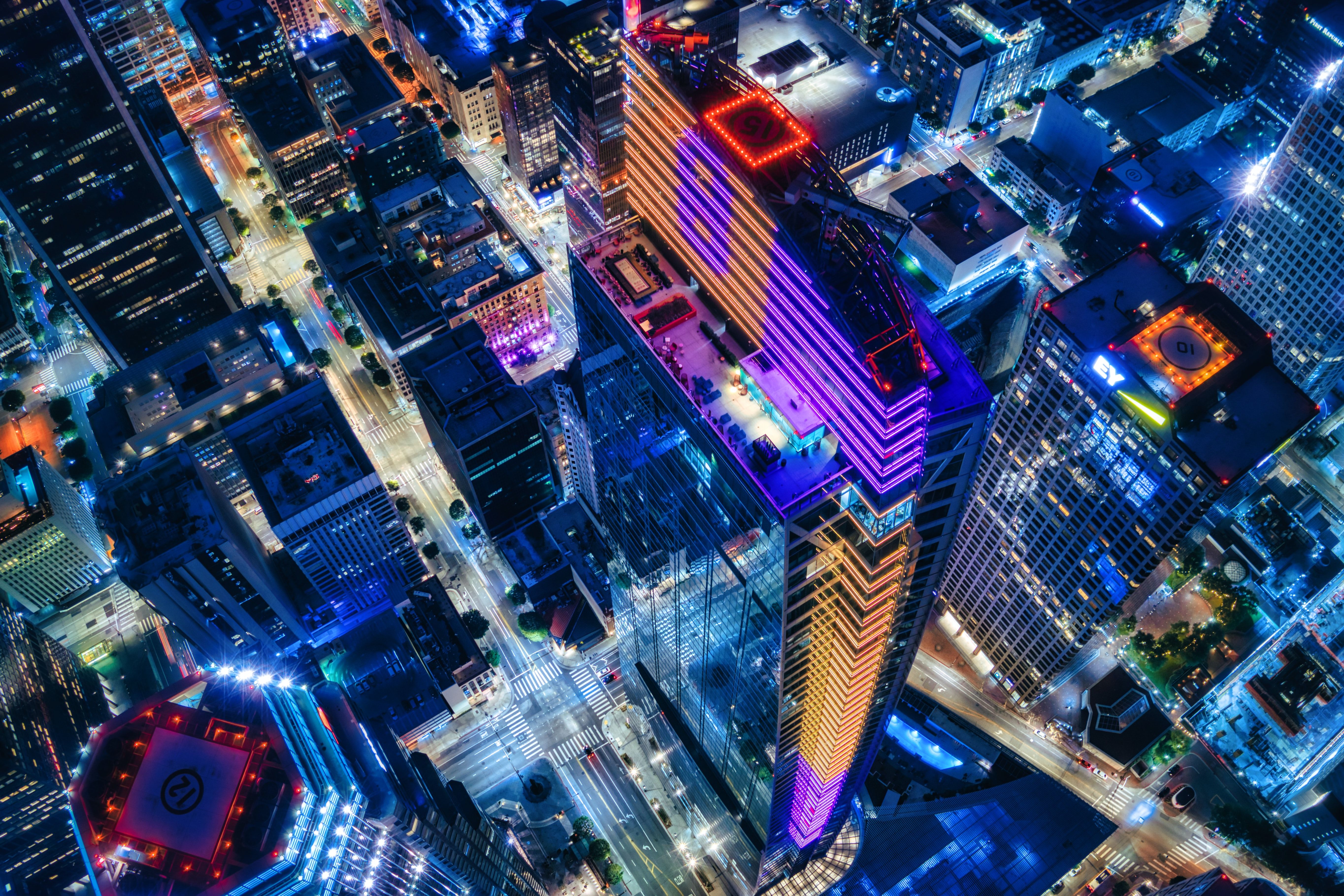 5458x3638 Desktop wallpaper: Cities, Night, City, Building, Lights, View From Above 4K free download for PC. 89831
