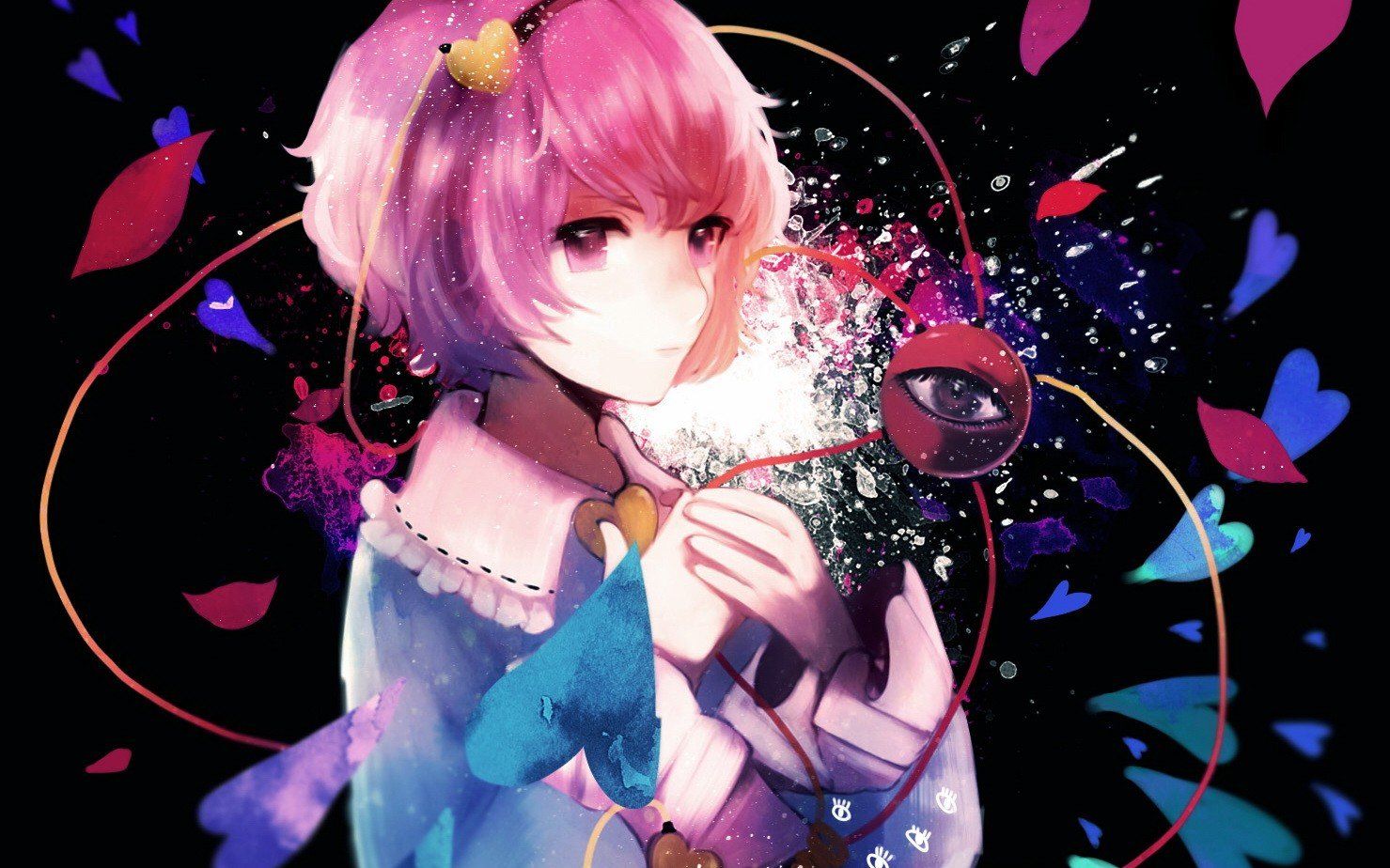 1479x924 video, Games, Touhou, Pink, Hair, Short, Hair, Hearts, Pink, Eyes, Soft, Shading, Komeiji, Satori, Anime, Girls, Third, Eye, Hair, Band, Wires, Black, Background, Hair, Ornaments, Bangs Wallpaper HD / Desktop and Mobile