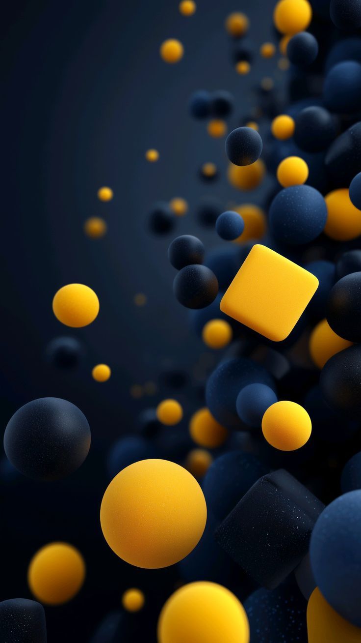 736x1308 Dark blue and yellow abstract wallpaper with squares, spheres, and cubes phone Backround