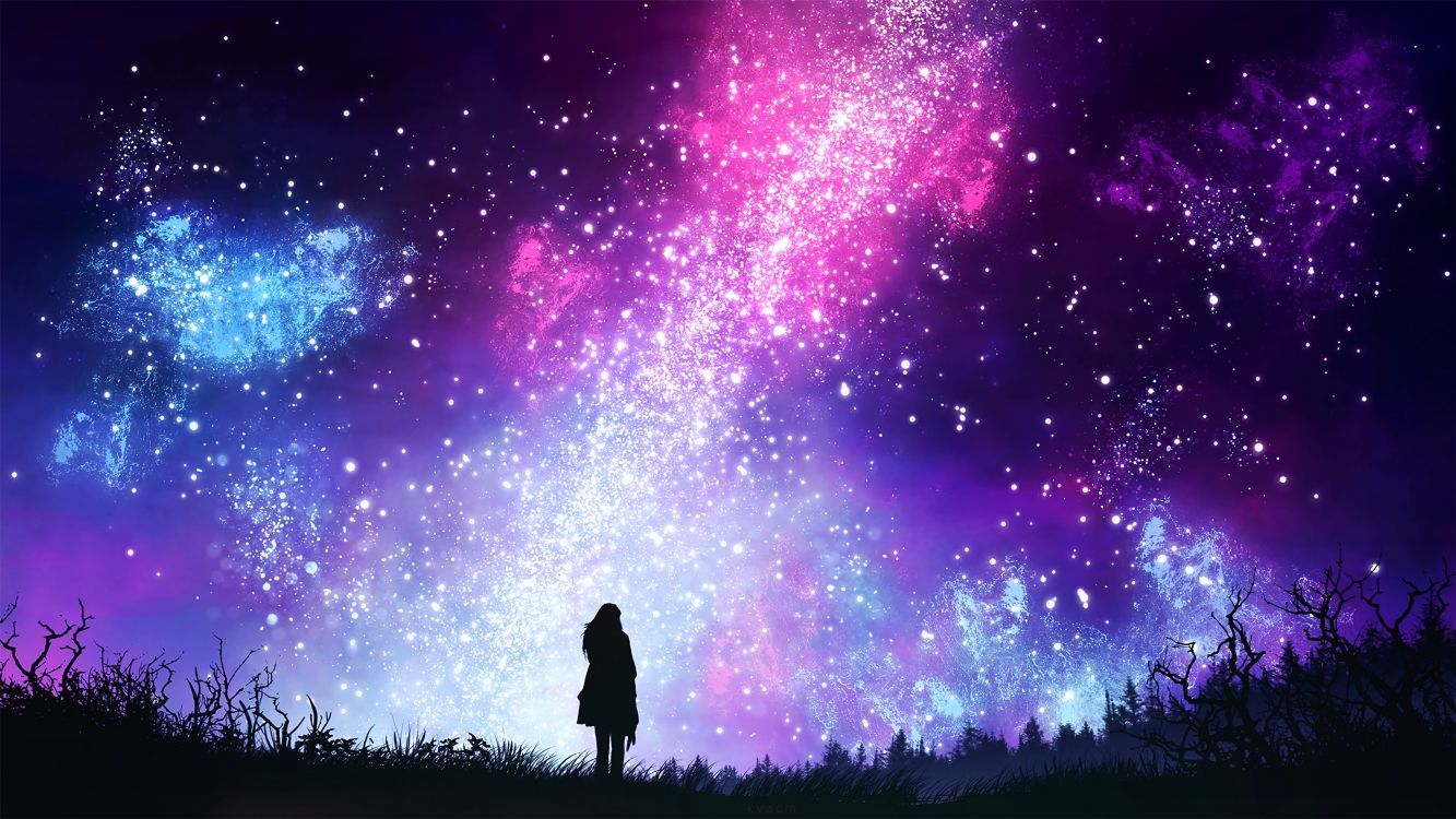 1333x750 Wallpaper Silhouette of Man and Woman Under Purple Sky, Background Free Image