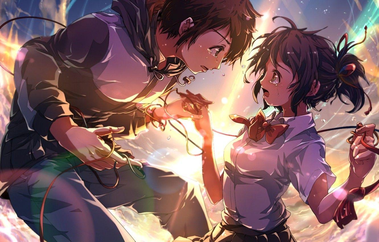 1332x850 Wallpaper the sky, lights, meeting, flash, tears, red thread, students, Kimi no VA On, Miyamizu Mitsuha, Tachibana Taki, Your name image for desktop, section прочее