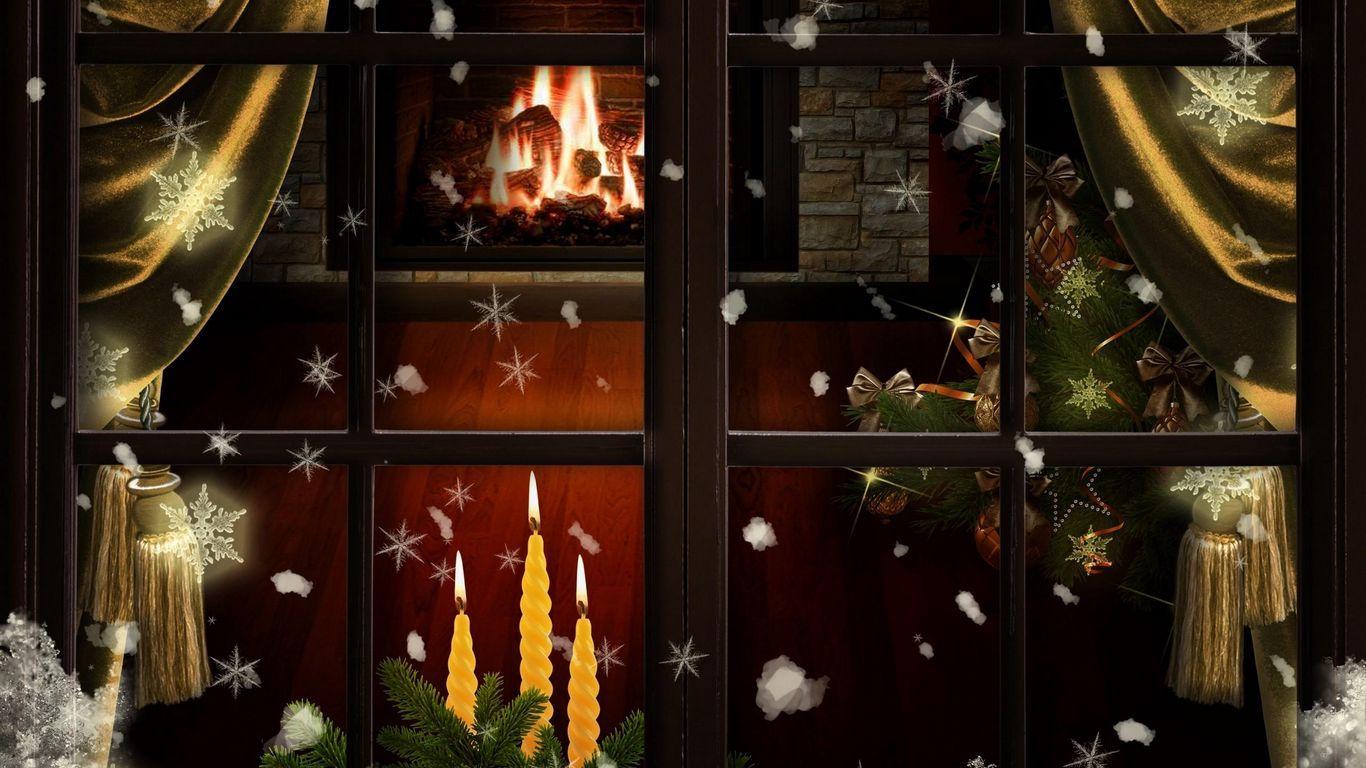 1366x768 Download wallpaper 1366x768 window, fireplace, candles, christmas tree, cozy, christmas tablet, laptop HD background