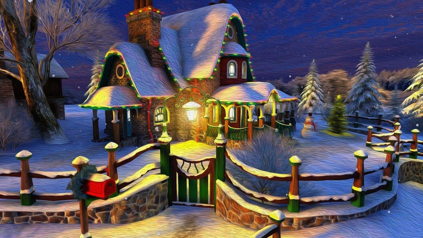 1366x768 Download 1366x768 Cozy House, Christmas Door, Fence, Snow, Winter Wallpaper for Laptop, Notebook
