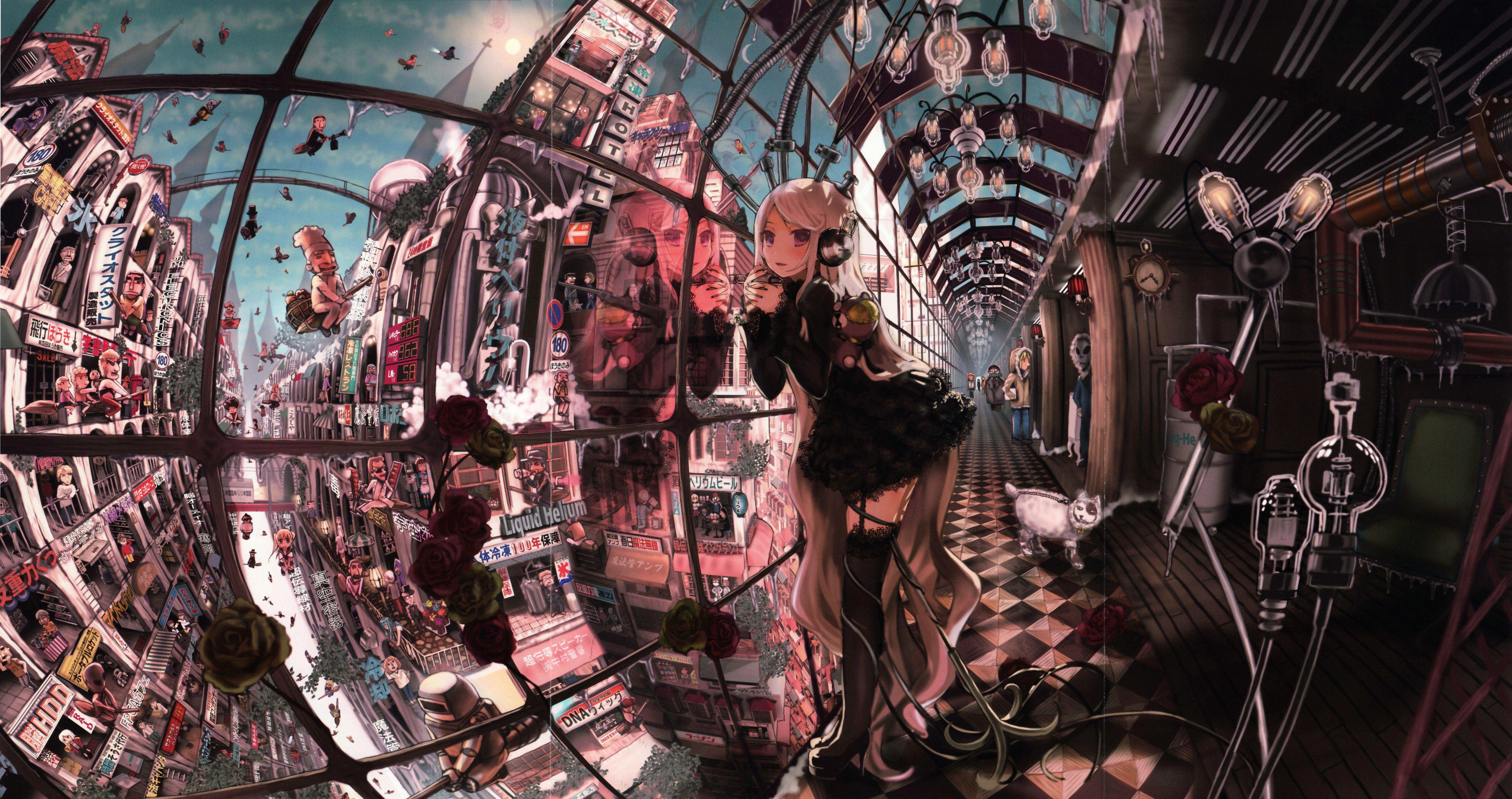 6590x3484 Wallpaper / steampunk, gothic lolita, anime, anime girls, city