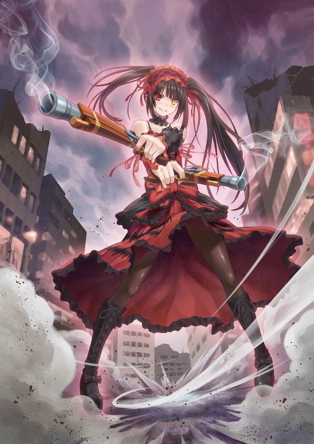 1200x1694 guns, dress, weapons, heterochromia, pantyhose, red eyes, yellow eyes, smiling, standing, anime, lolita fashion, anime girls, black hair, skies, Date a Live, Weaponry, Tokisaki Kurumi, gothic lolita wallpaper