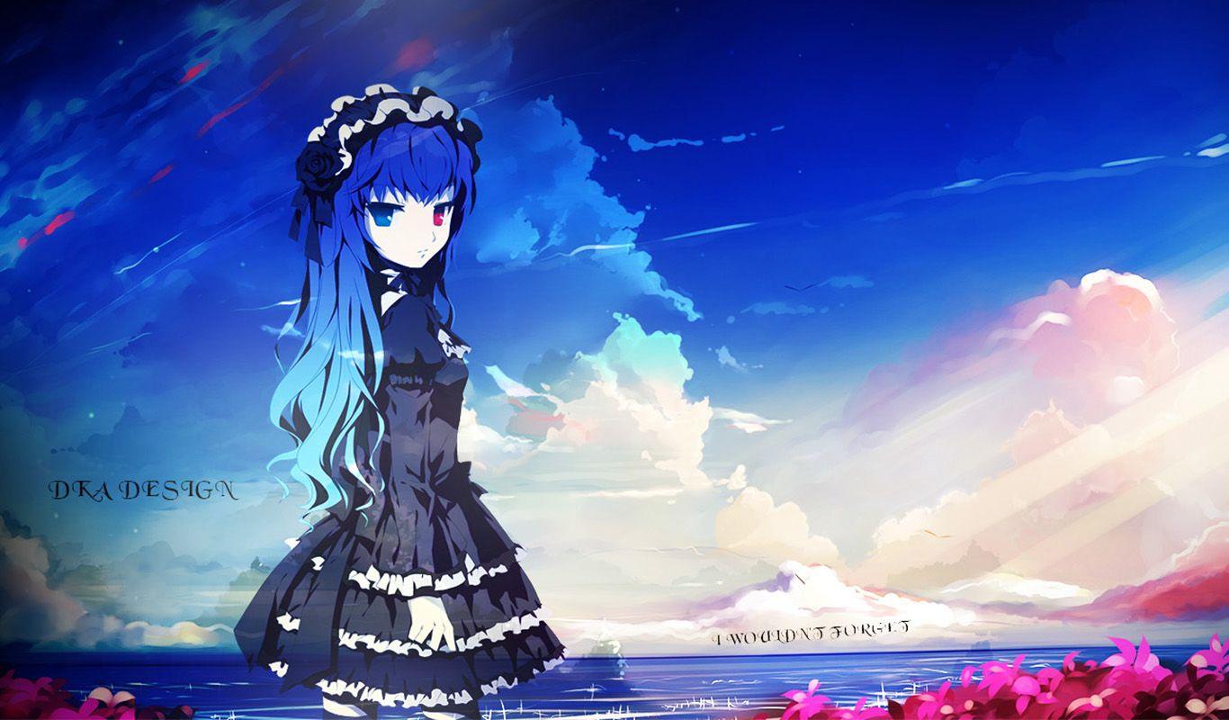 1366x800 Anime Girls Manga Heterochromia Gothic Lolita Blue Hair Text Wallpaper:1366x800