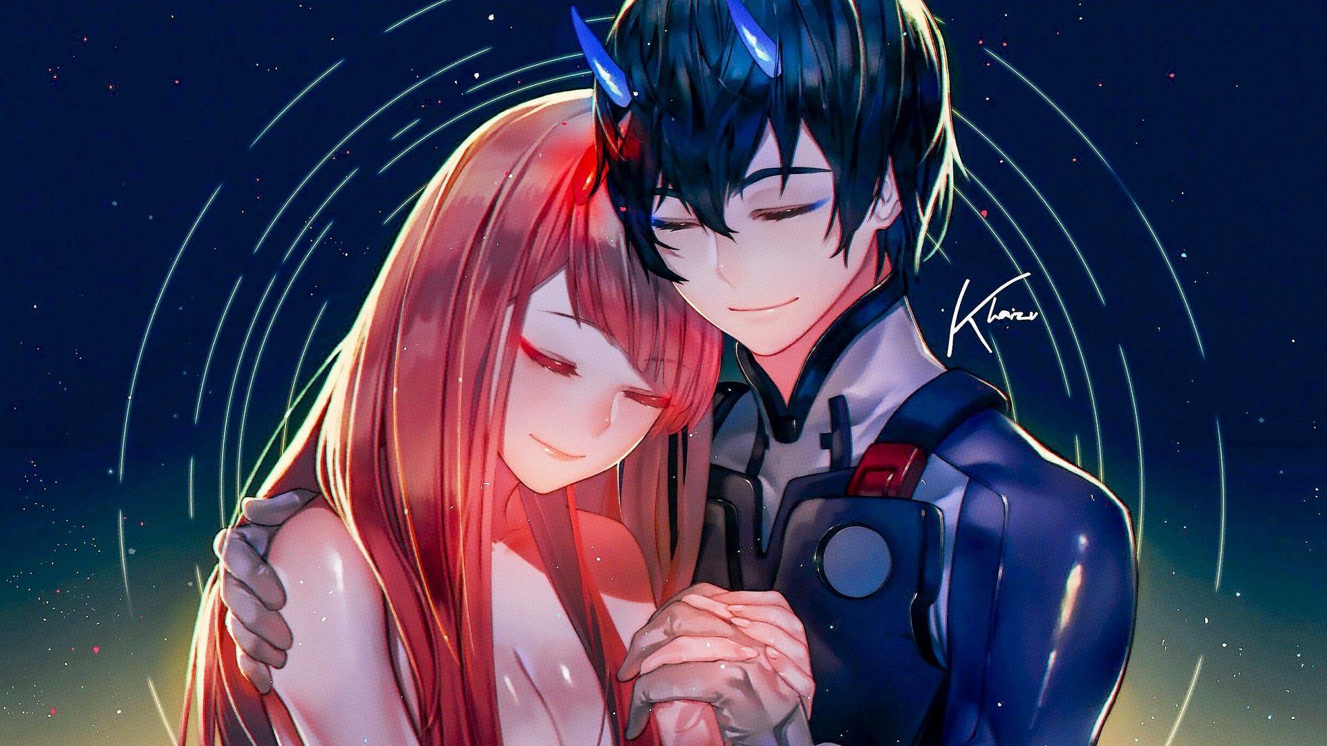 1920x1080 Darling In The FranXX Red Hair Zero Two Black Hair Hiro With Background Of Dark Sky Stars And Circle Lines With Gap HD Anime Wallpaper