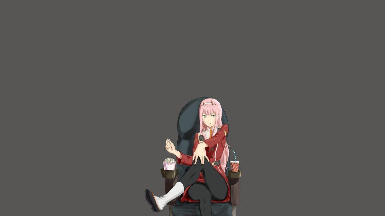 1280x720 Darling In The FranXX Zero Two Hiro Zero Two Sitting On Chair With Popcorn And Cooldrinks With Black Background HD Anime Wallpaper