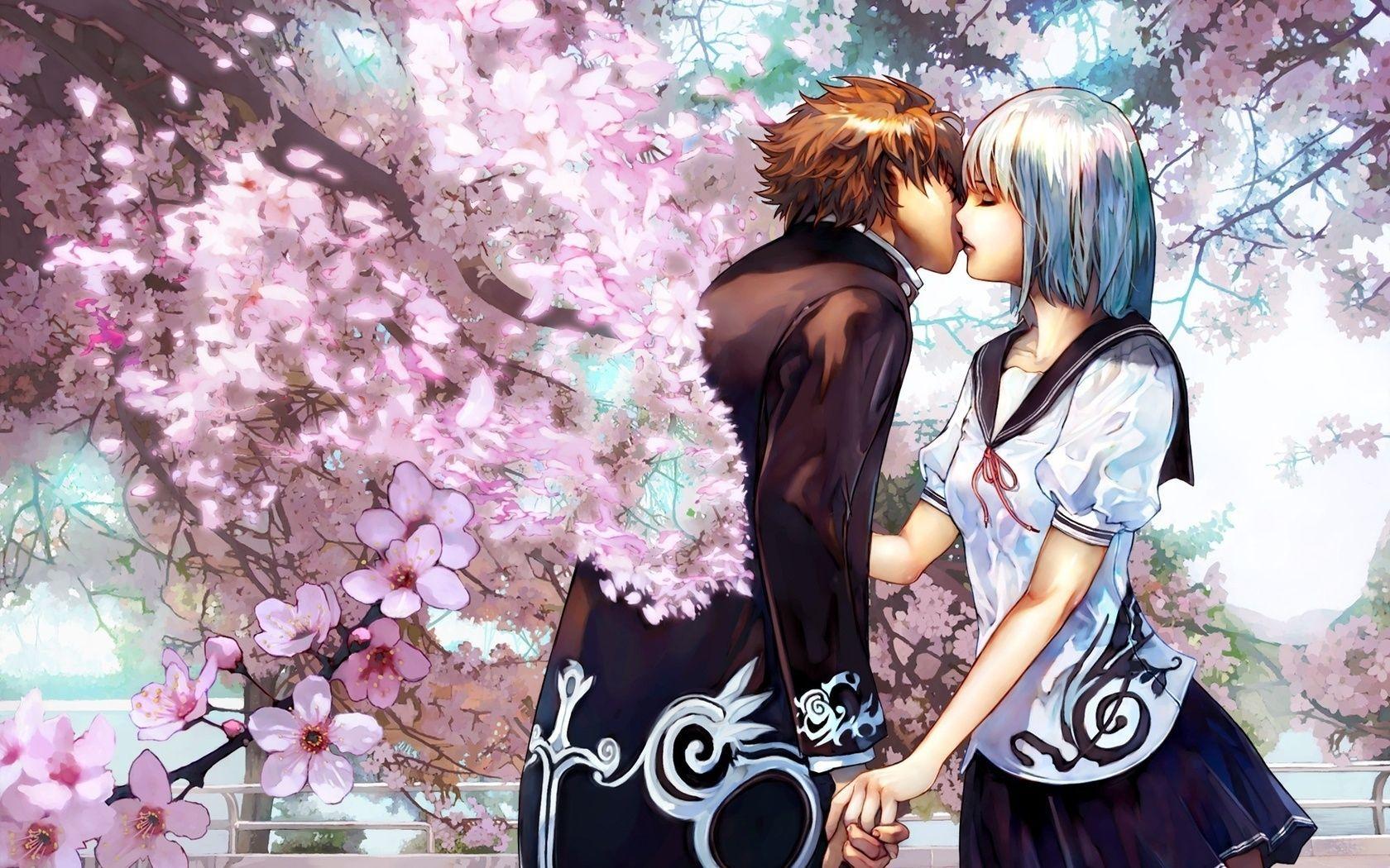 1680x1050 Happy Couple In Cherry Tree Flowers wallpaper