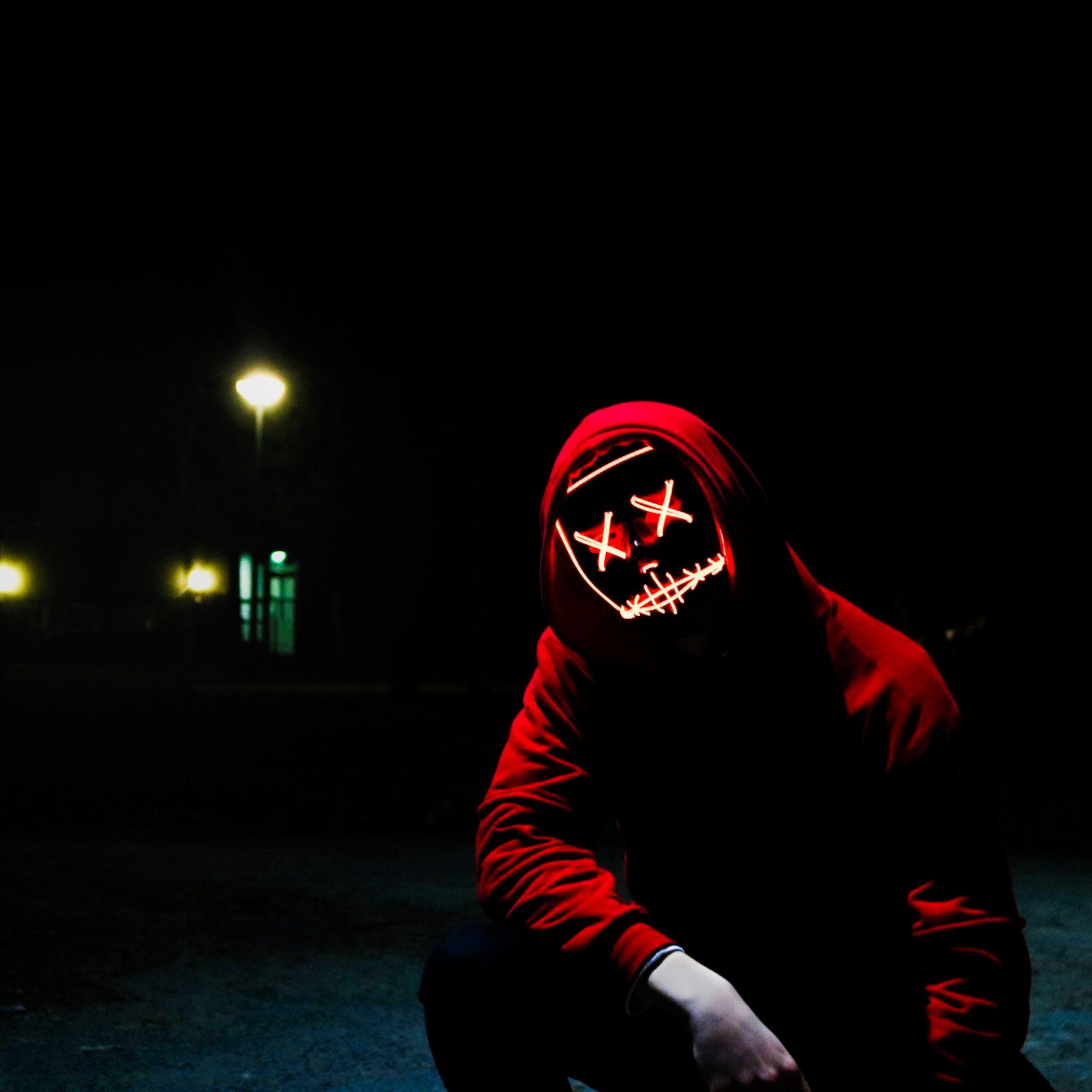 2560x2560 Man 4K Wallpaper, LED mask, Dope, Night, Anonymous, Hoodie, Dark, 5K, Photography