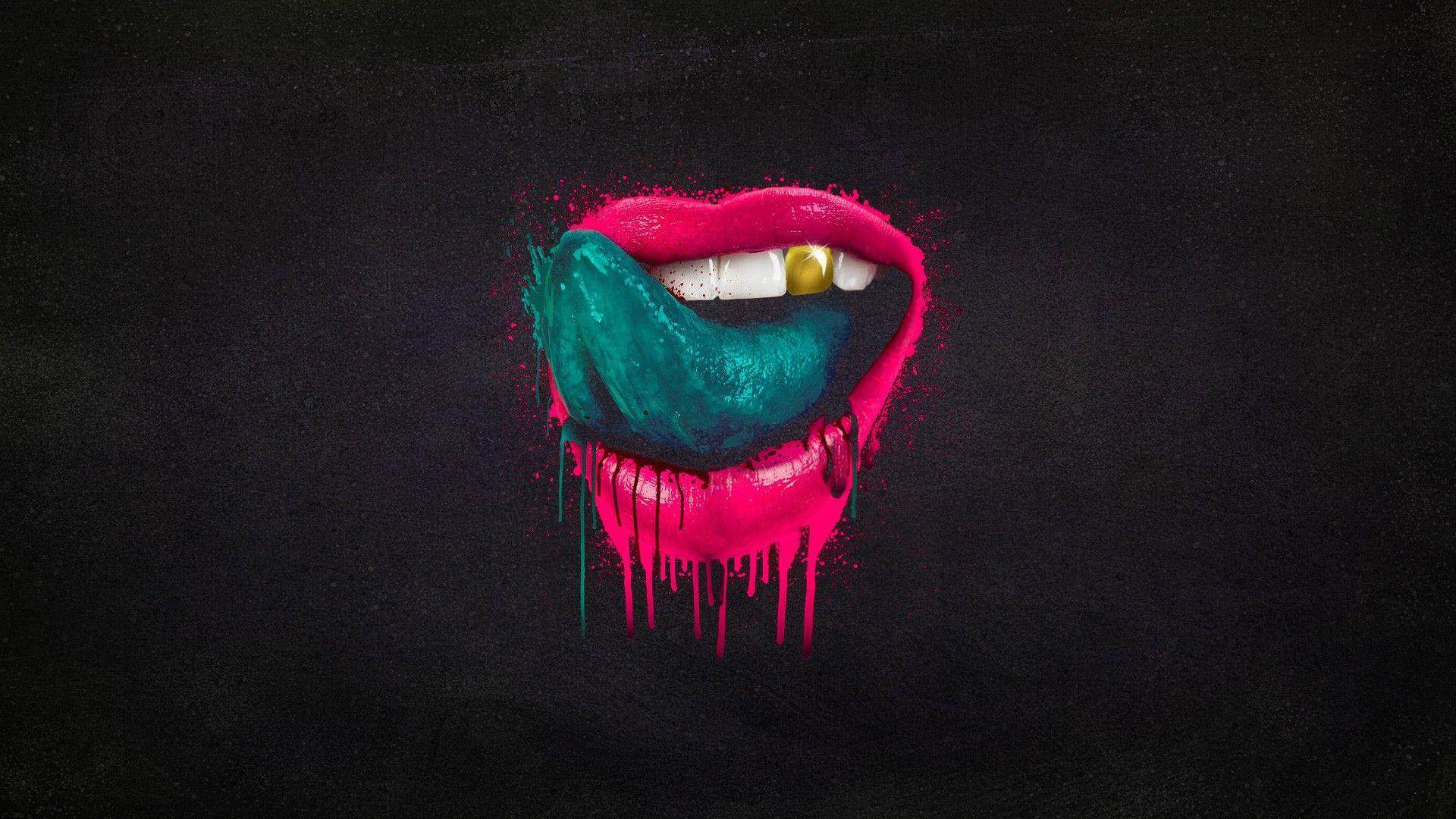 1920x1080 Wallpaper Black Dark Lips Mouth Gold Tongue Teeth Wallpaper iPhone 11 HD Wallpaper