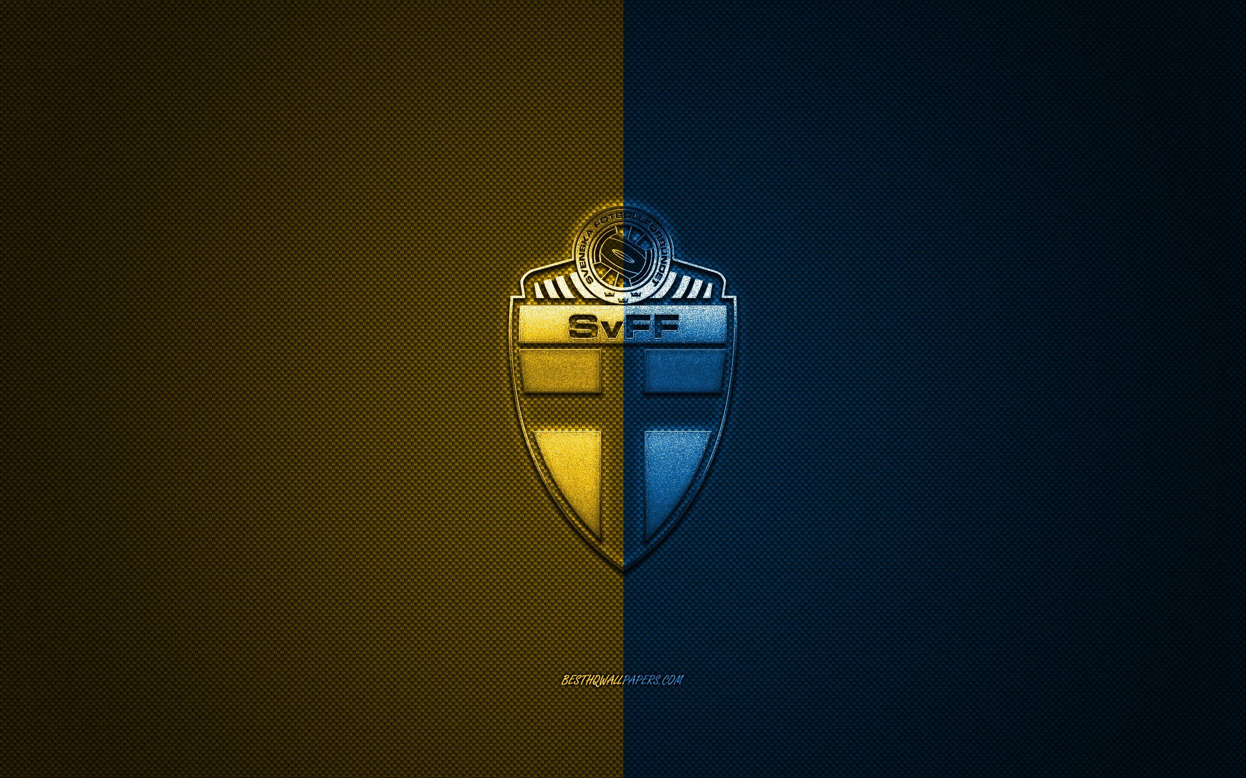 2560x1600 Download wallpaper Sweden national football team, emblem, UEFA, yellow blue logo, yellow blue fiber background, Sweden football team logo, football, Sweden for desktop with resolution 2560x1600. High Quality HD picture wallpaper