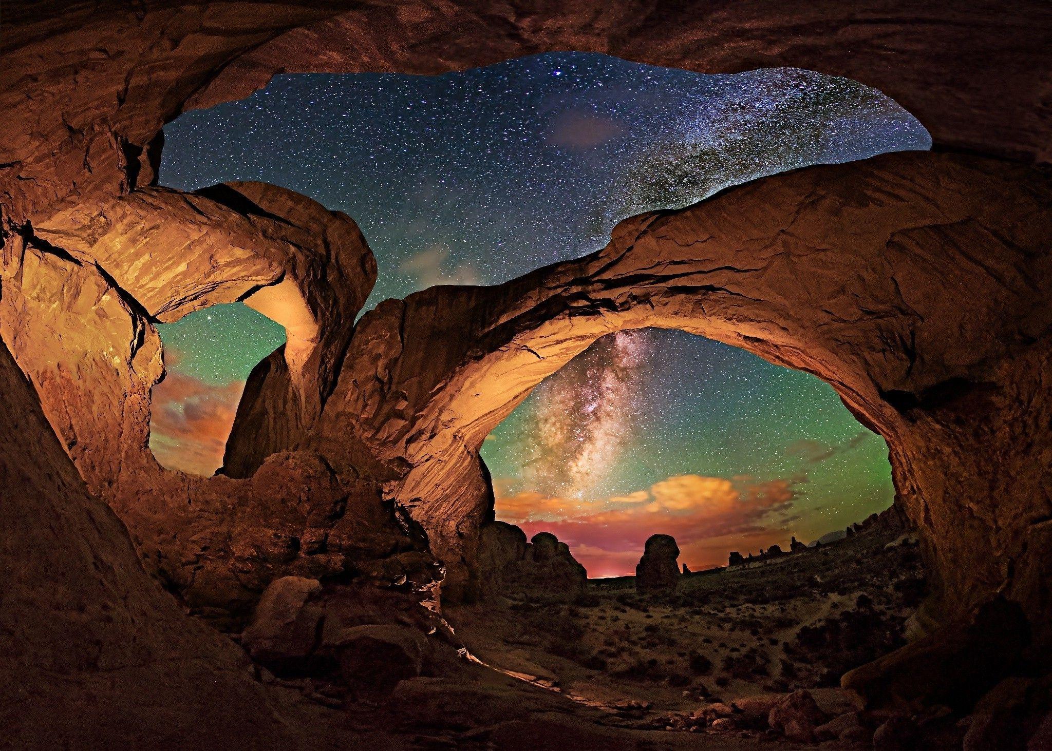 2048x1463 nature, Landscape, Milky Way, Starry Night, Desert, Rock, Erosion